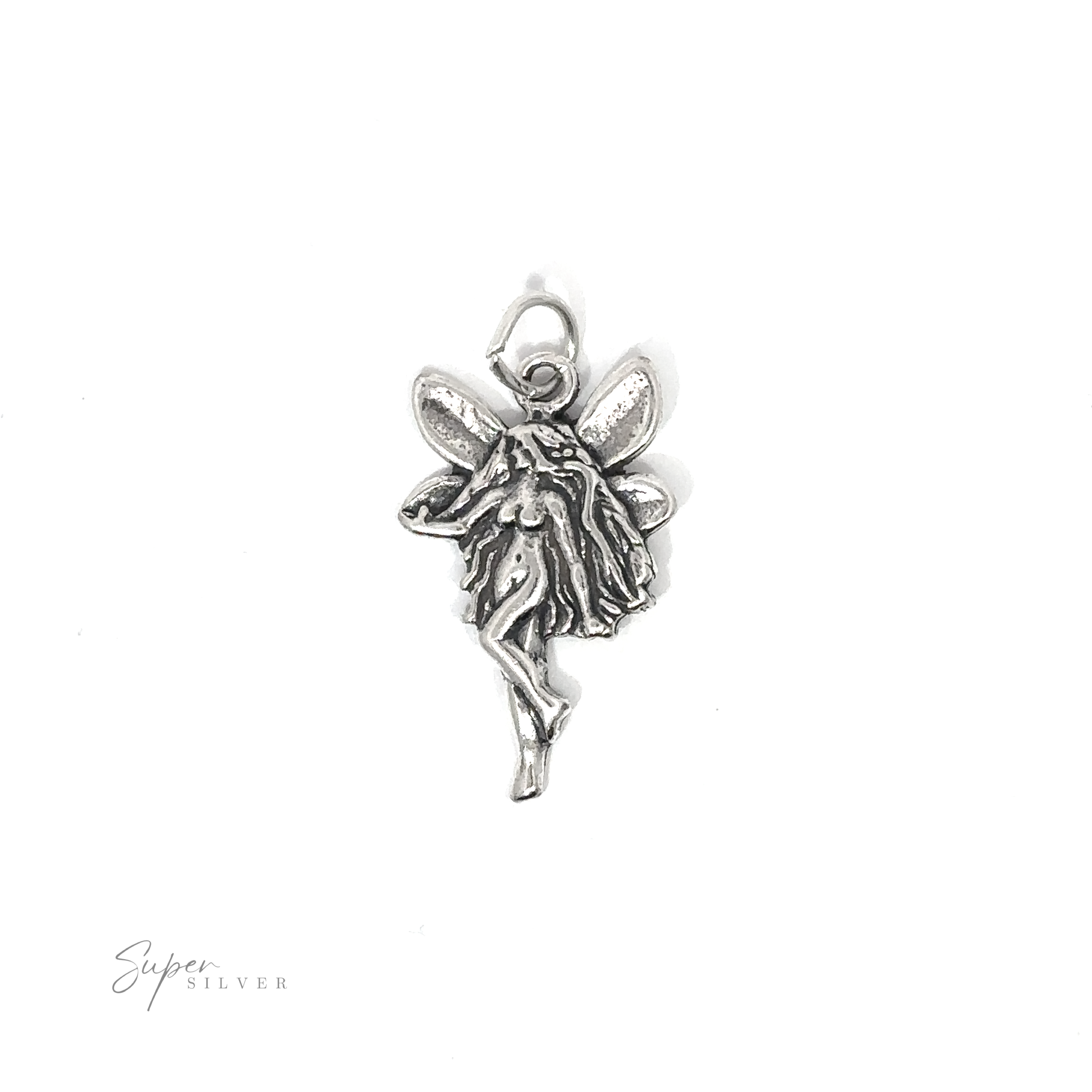 A silver pendant adorned with a Sideways Facing Fairy Charm.