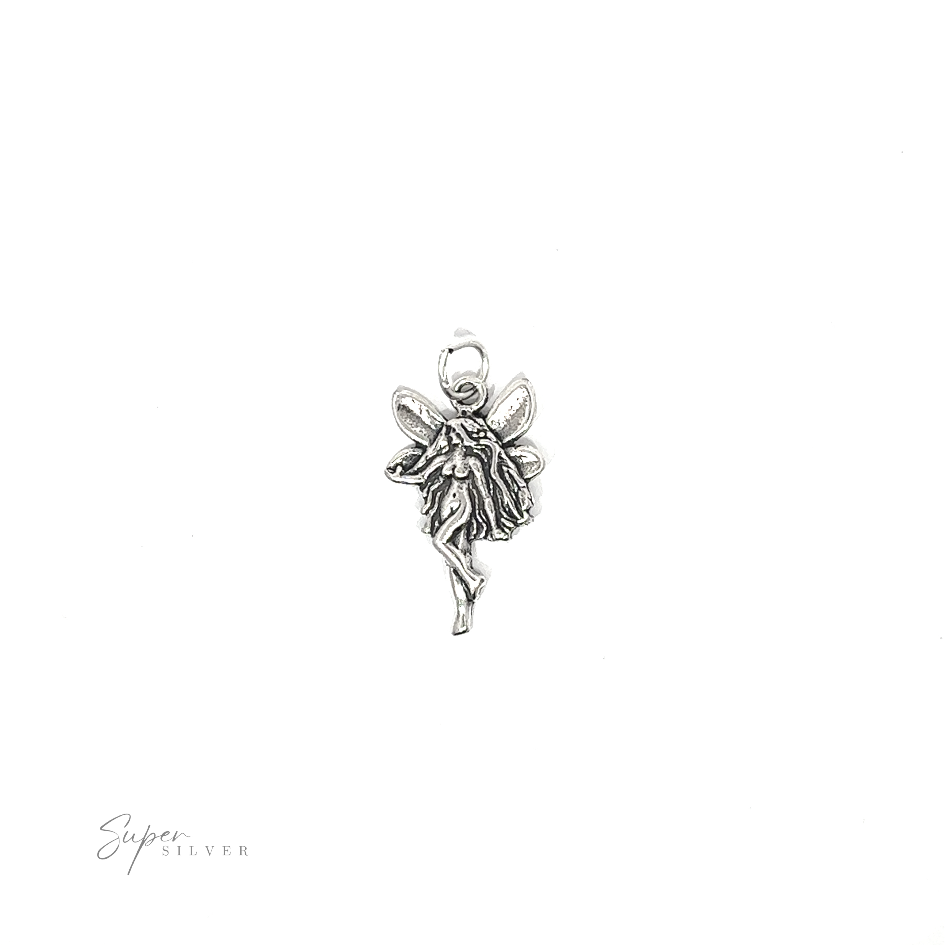 An enchanting silver Sideways Facing Fairy Charm with wings, adorned with a touch of fairy dust.