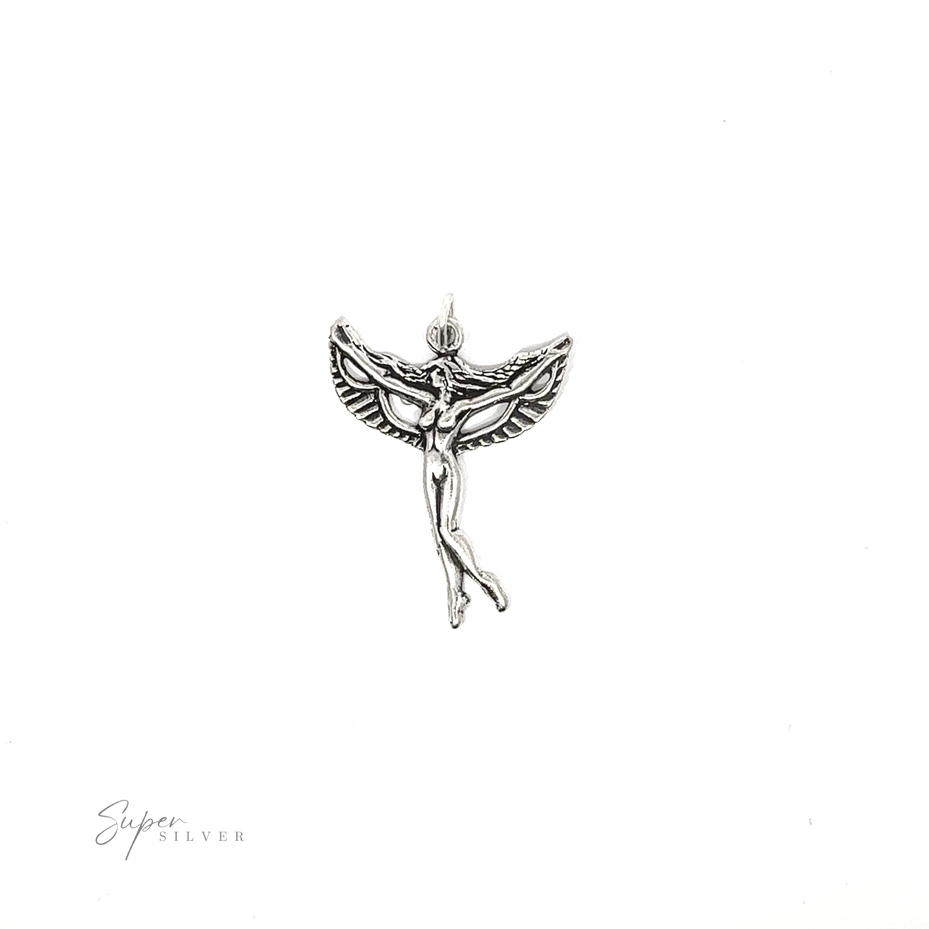 A silver Goddess Charm pendant with wings on a white background.