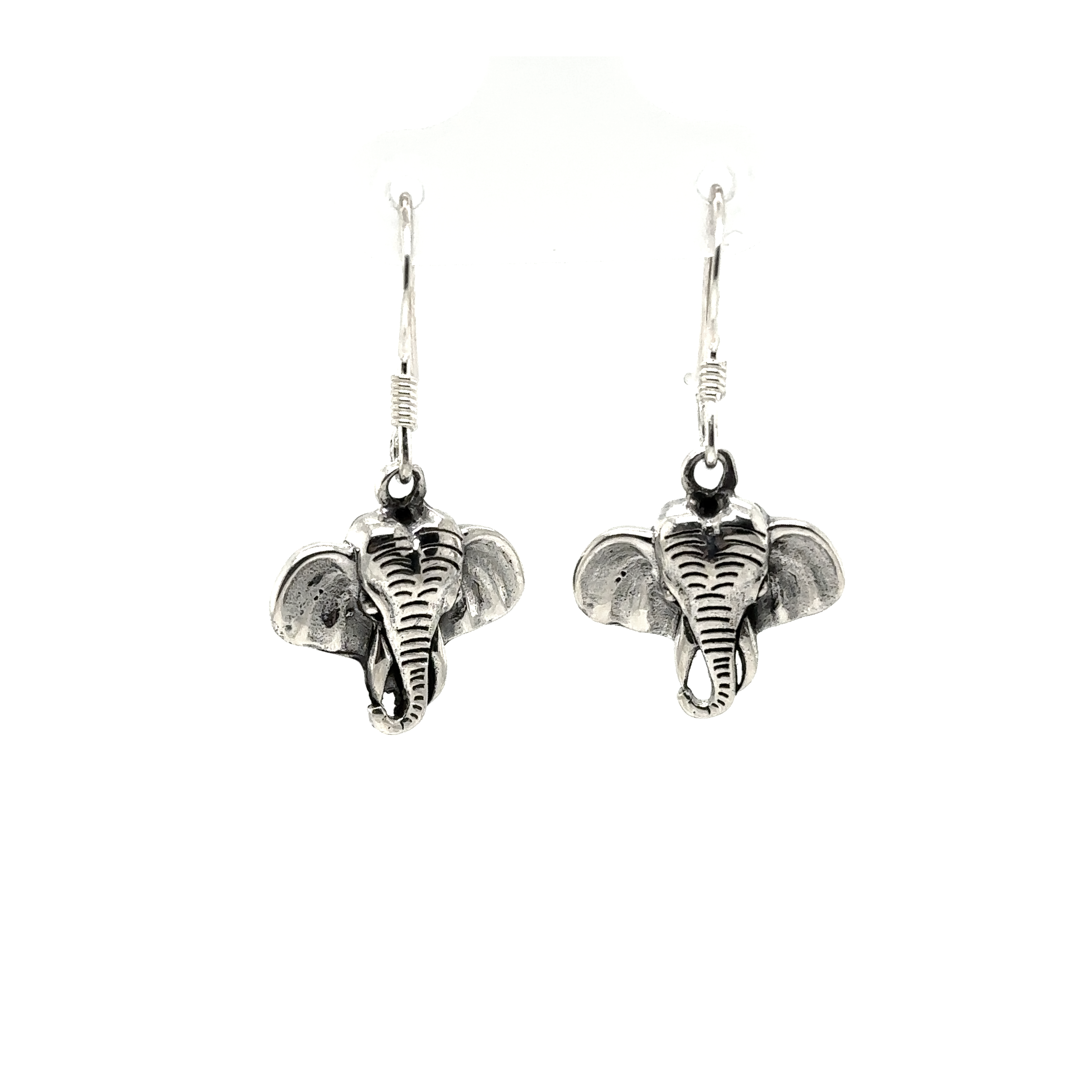 A pair of Super Silver Elephant Earrings featuring French Hook design, showcased on a white background.