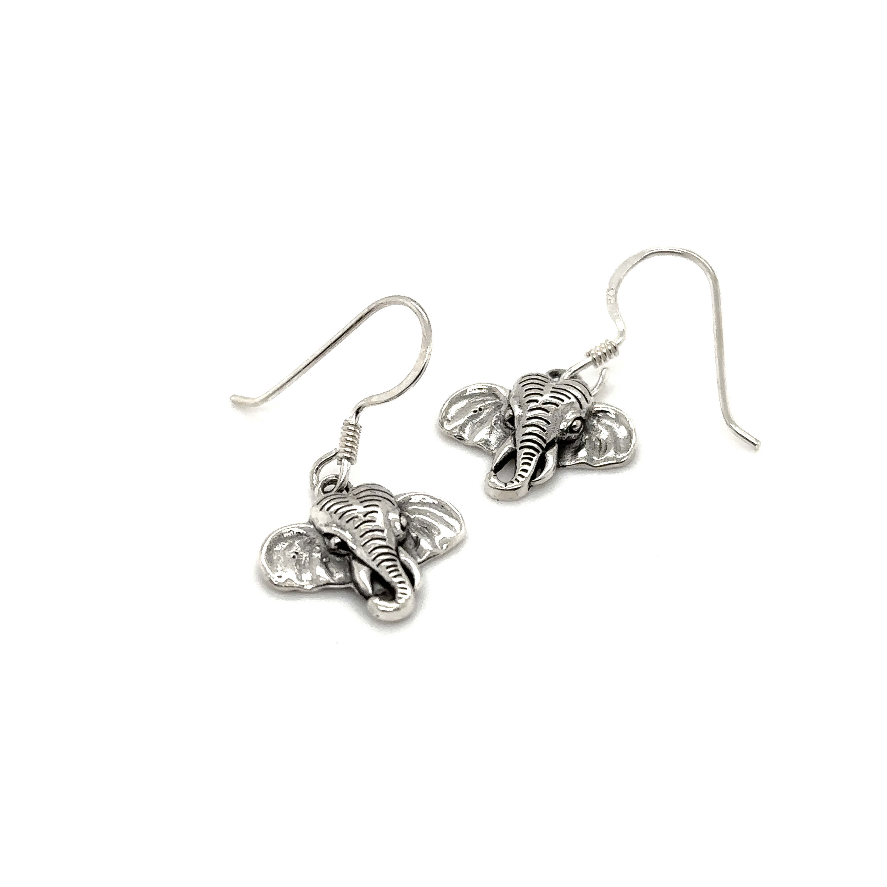 Description: A pair of Super Silver Elephant Earrings on a white background.