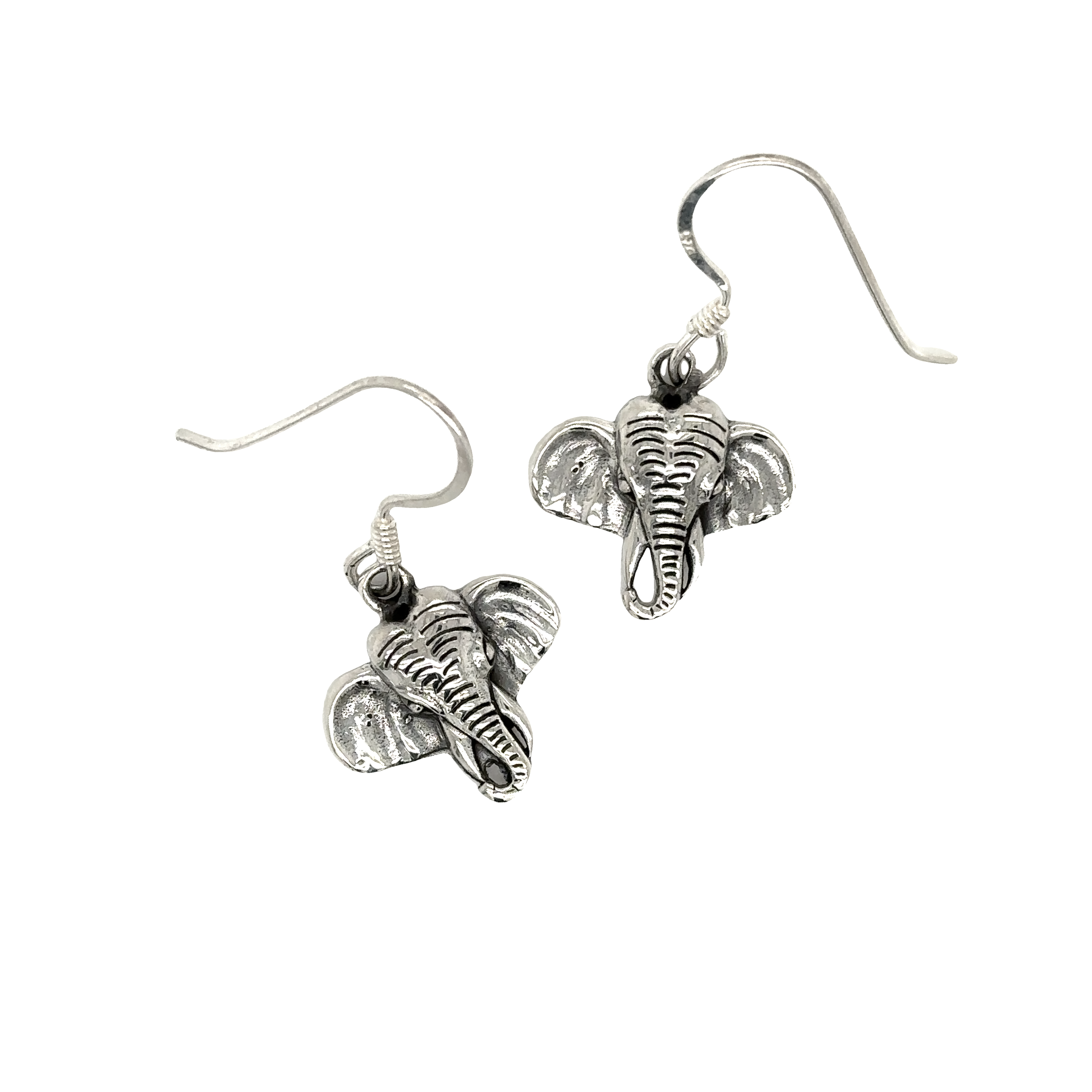 Stunning Super Silver elephant earrings with French hook, elegantly displayed on a pristine white background.