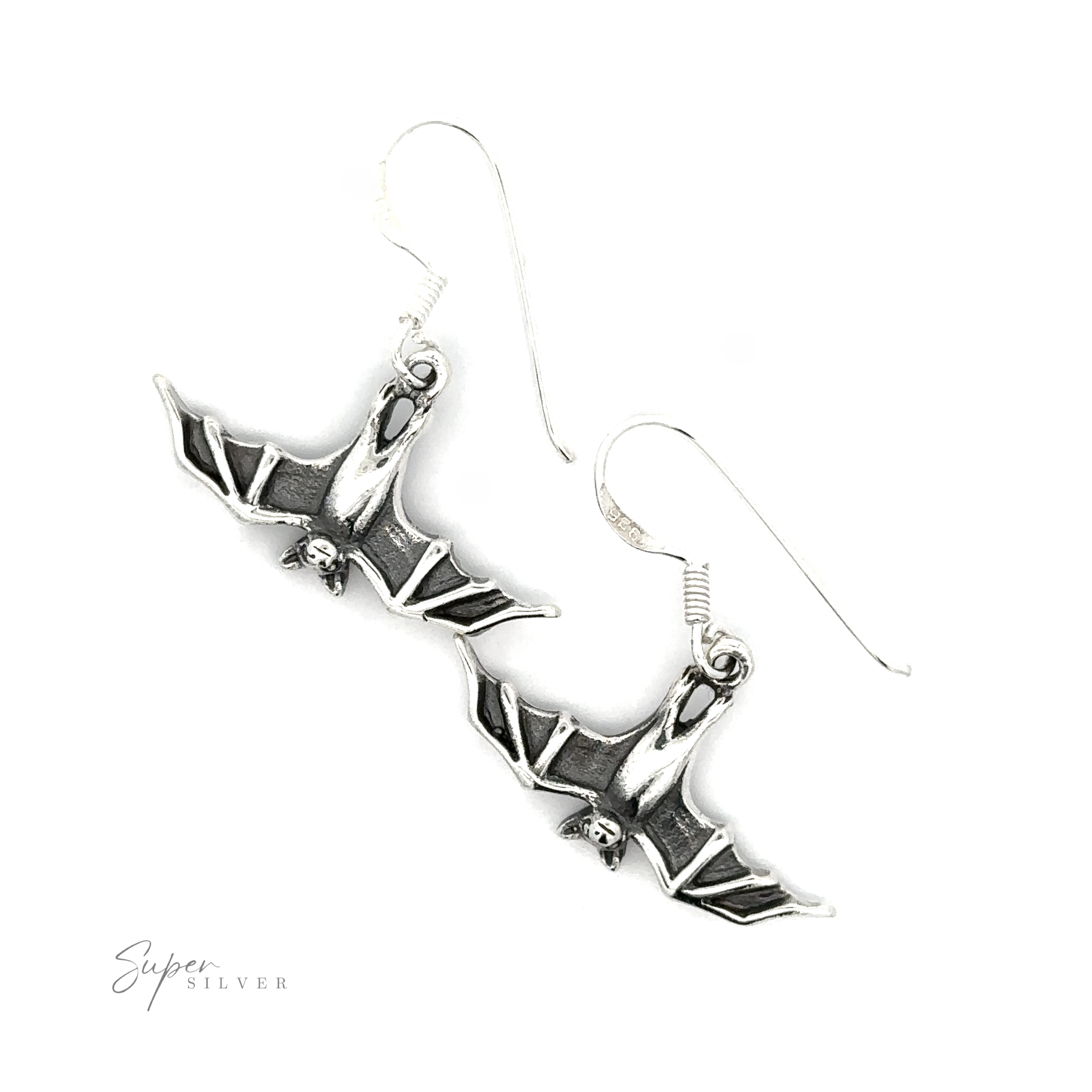 A pair of 'Hanging Bat Earrings' with intricate detail, displayed on a white background with a 'super silver' watermark.