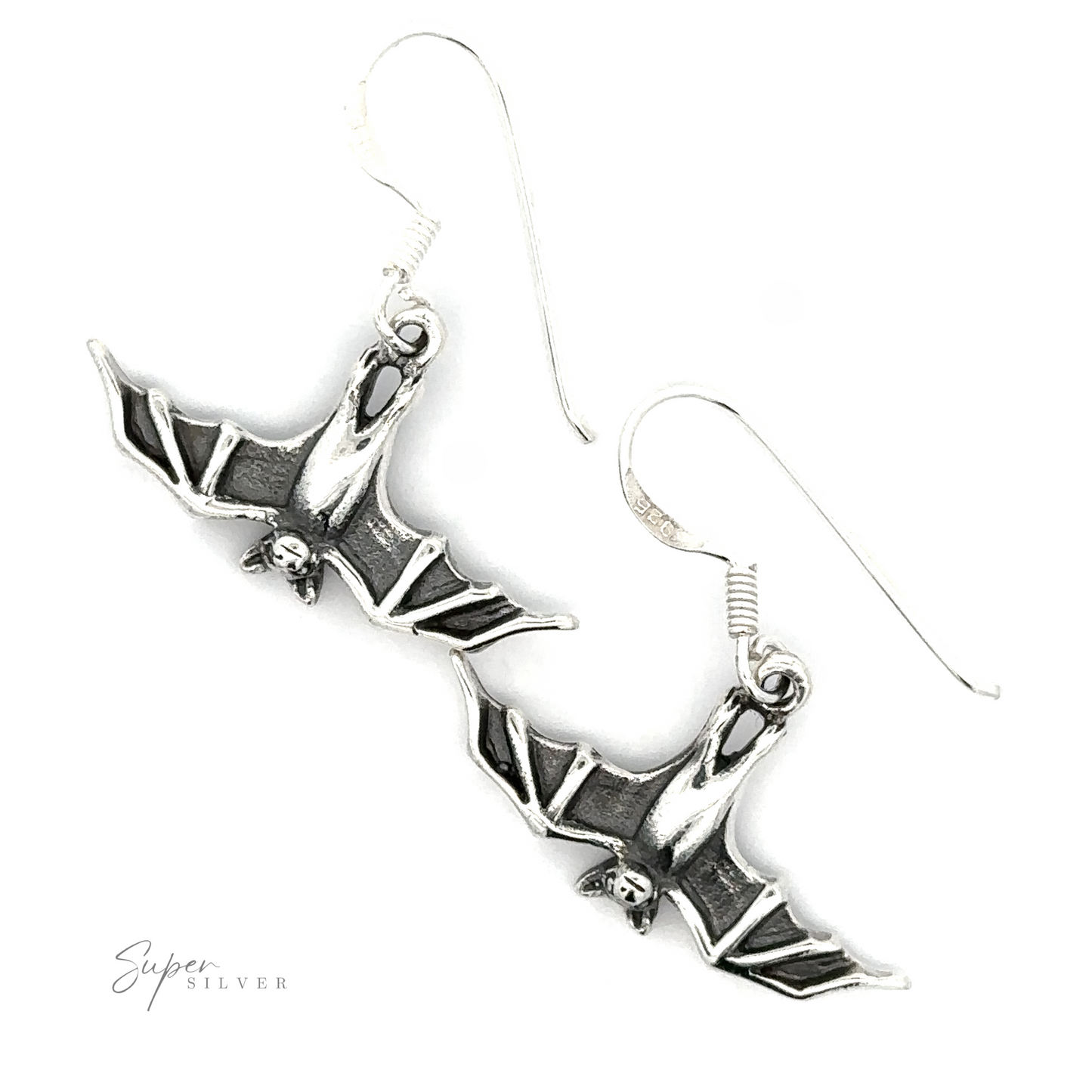 A pair of silver Hanging Bat Earrings displayed against a white background.