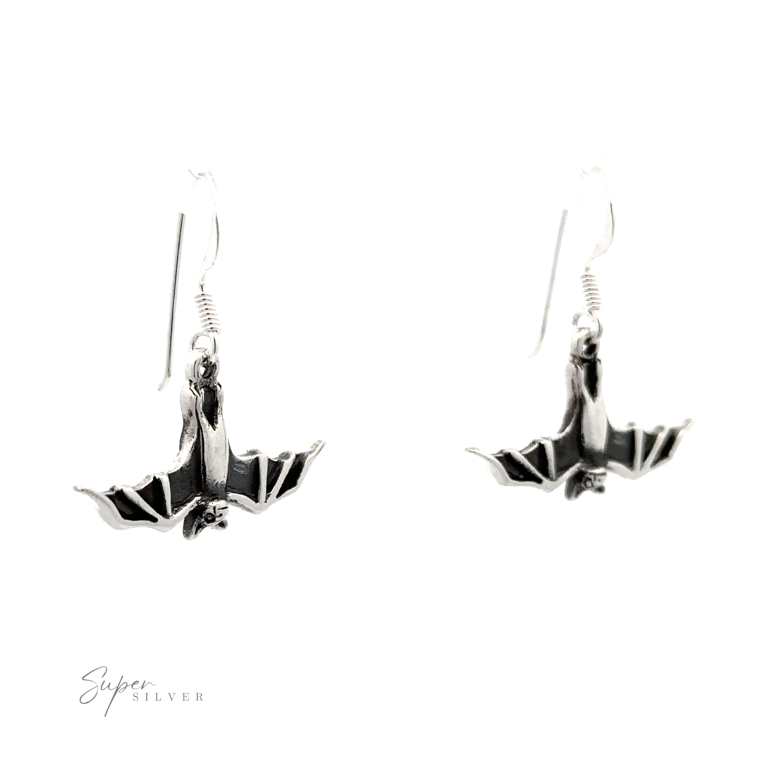 A pair of Hanging Bat Earrings displayed against a white background, with a faint "super silver" watermark below.