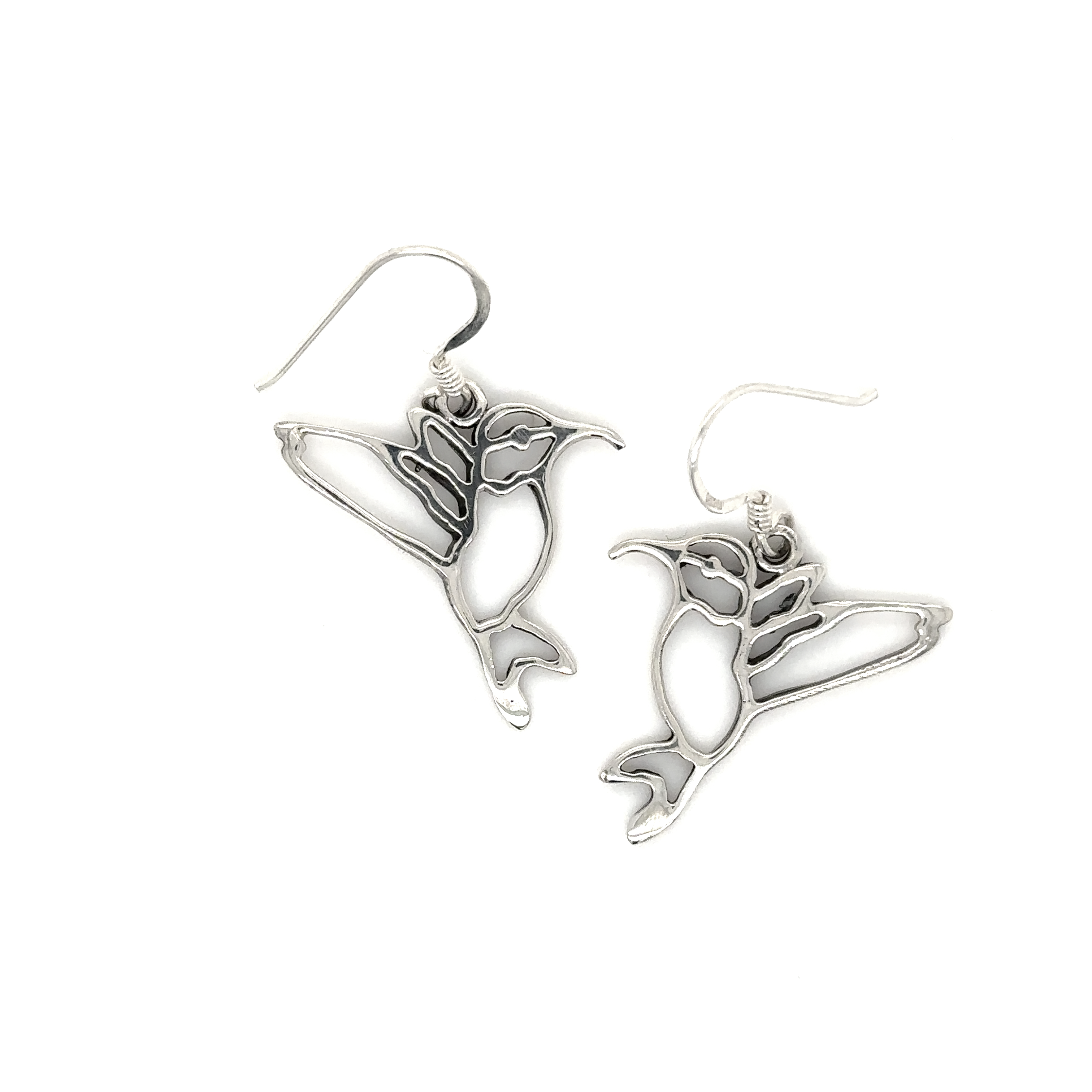 Super Silver's Hummingbird Cutout Earrings on a White Background.