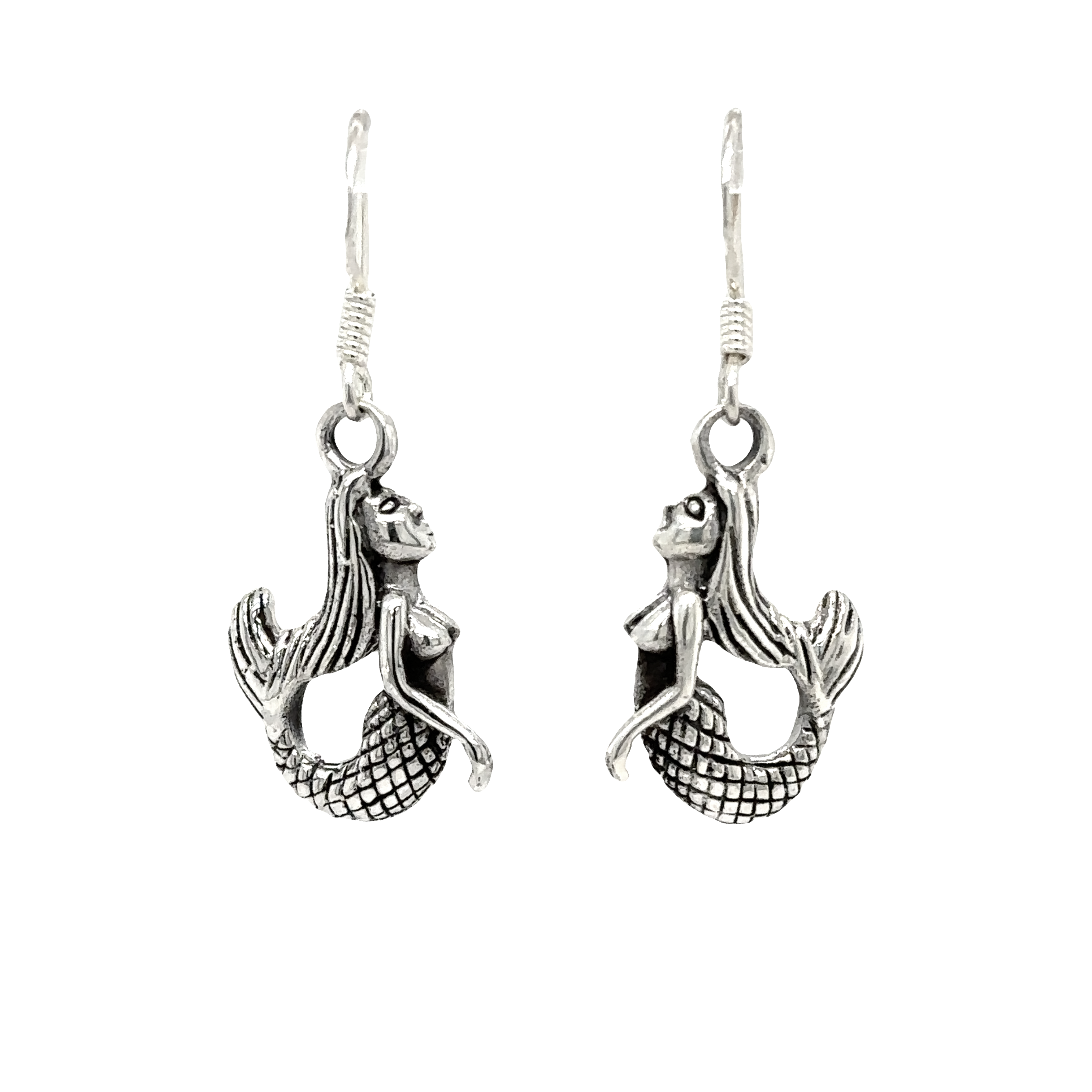 Handcrafted Super Silver Floating Mermaid Earrings on a white background.