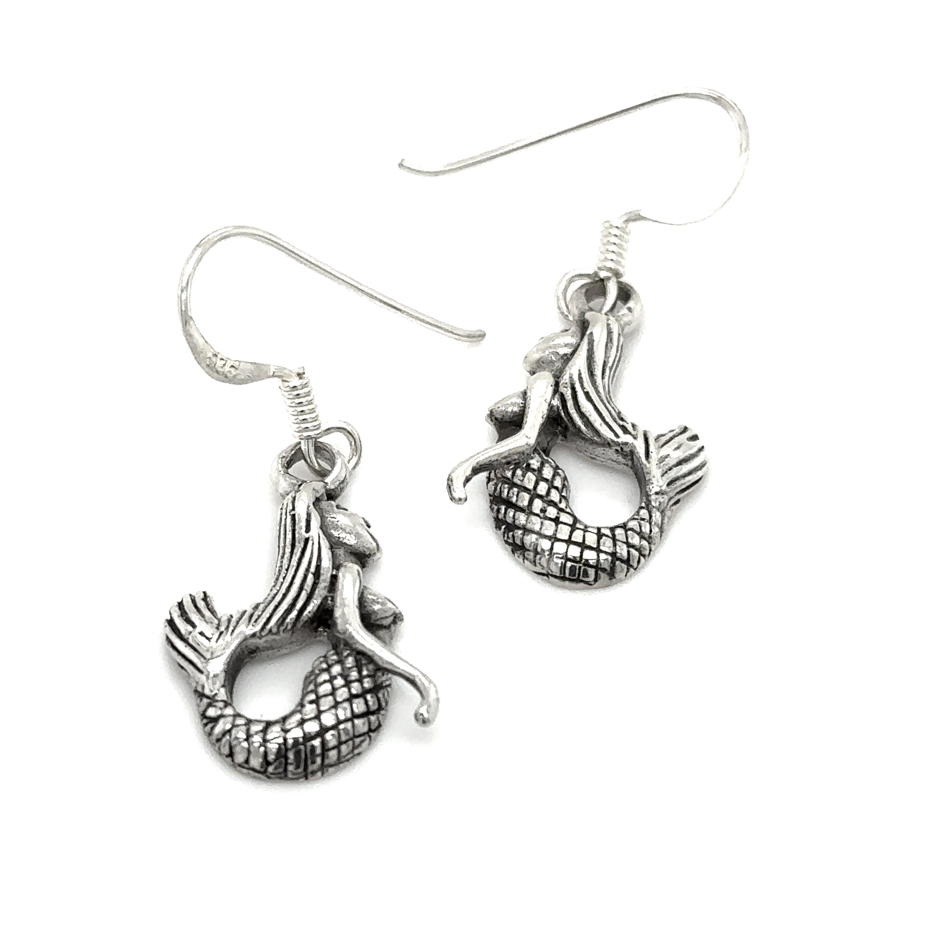 Handcrafted Super Silver Floating Mermaid Earrings on a white background.