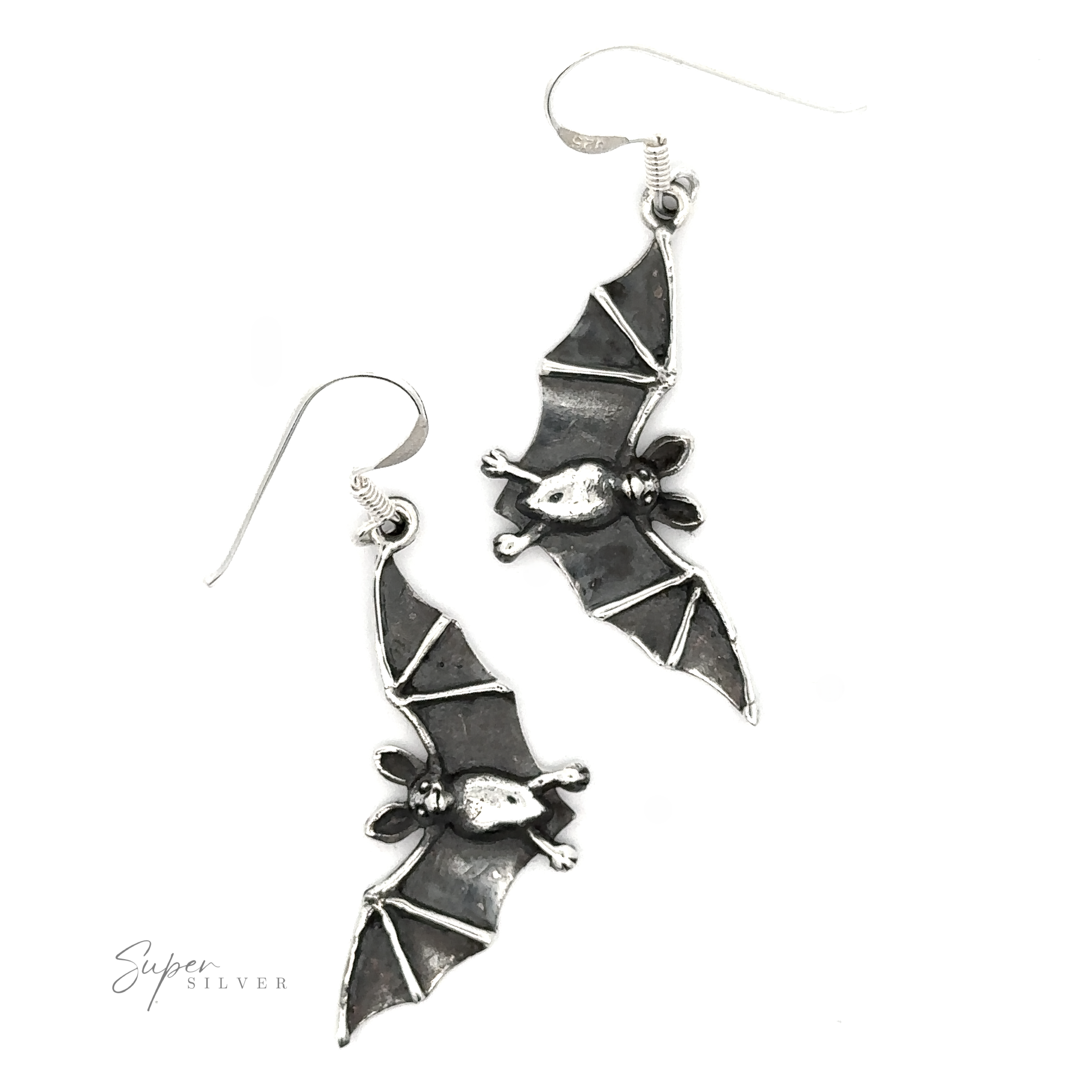A pair of Flying Bat Earrings with ornate details and hooks, perfect as a Halloween accessory, isolated on a white background.