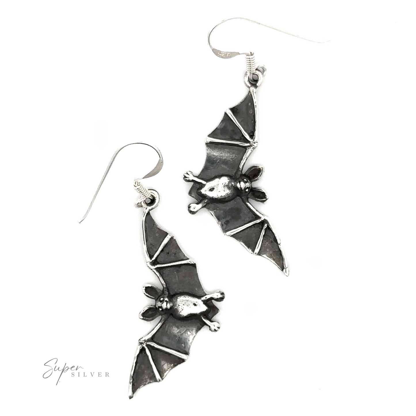 
                  
                    A pair of Flying Bat Earrings with ornate details and hooks, perfect as a Halloween accessory, isolated on a white background.
                  
                
