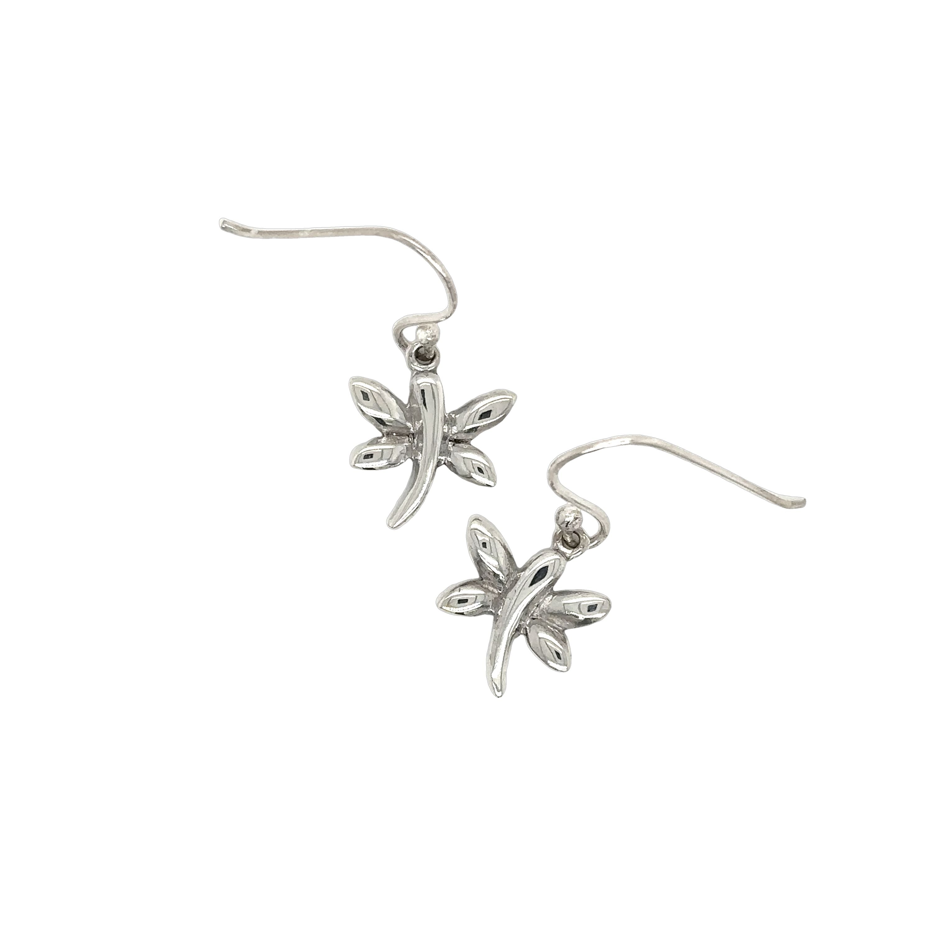 Delightful Super Silver Dragonfly Earrings in .925 Silver on a white background.