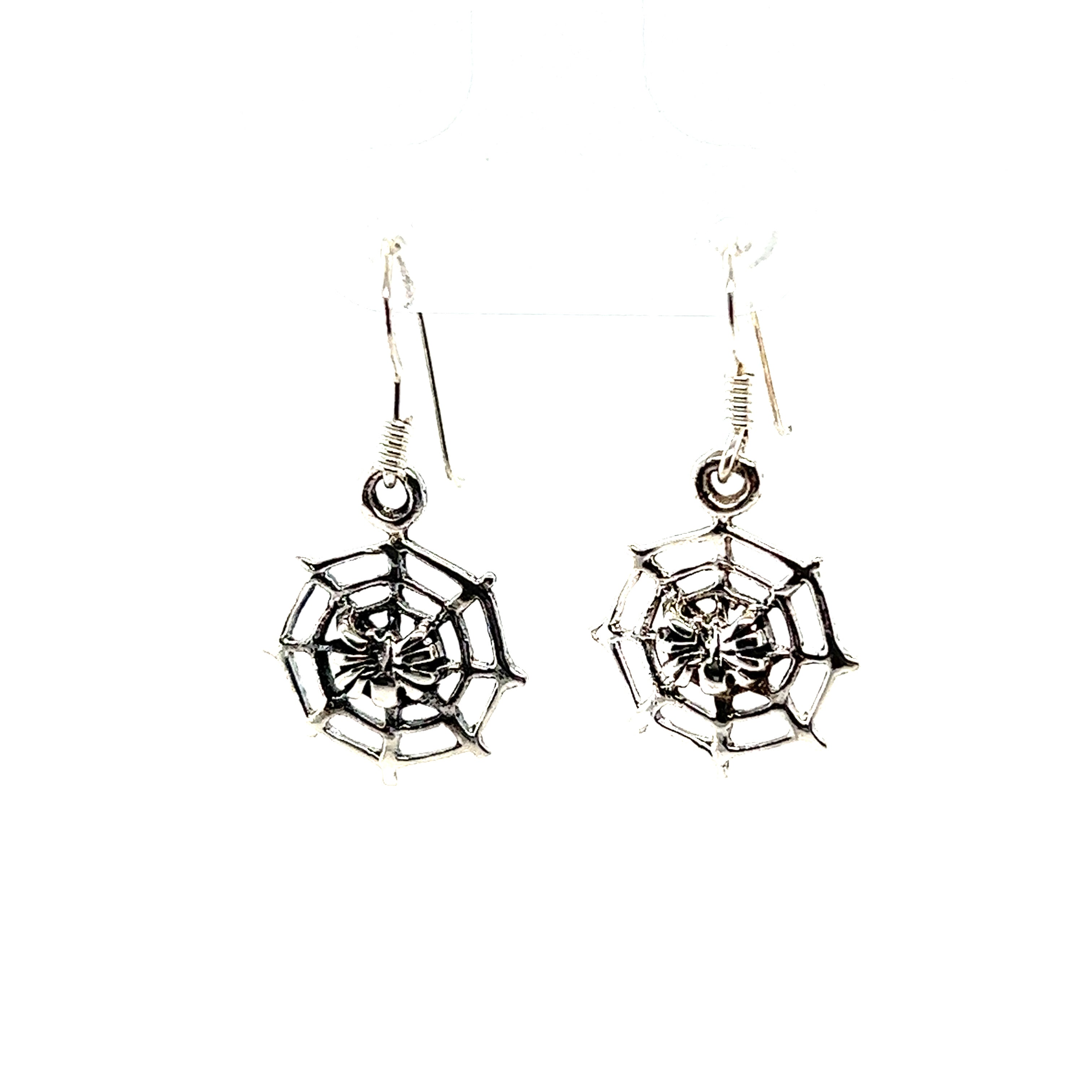 A pair of Super Silver Spider in Web Earrings on a white background.