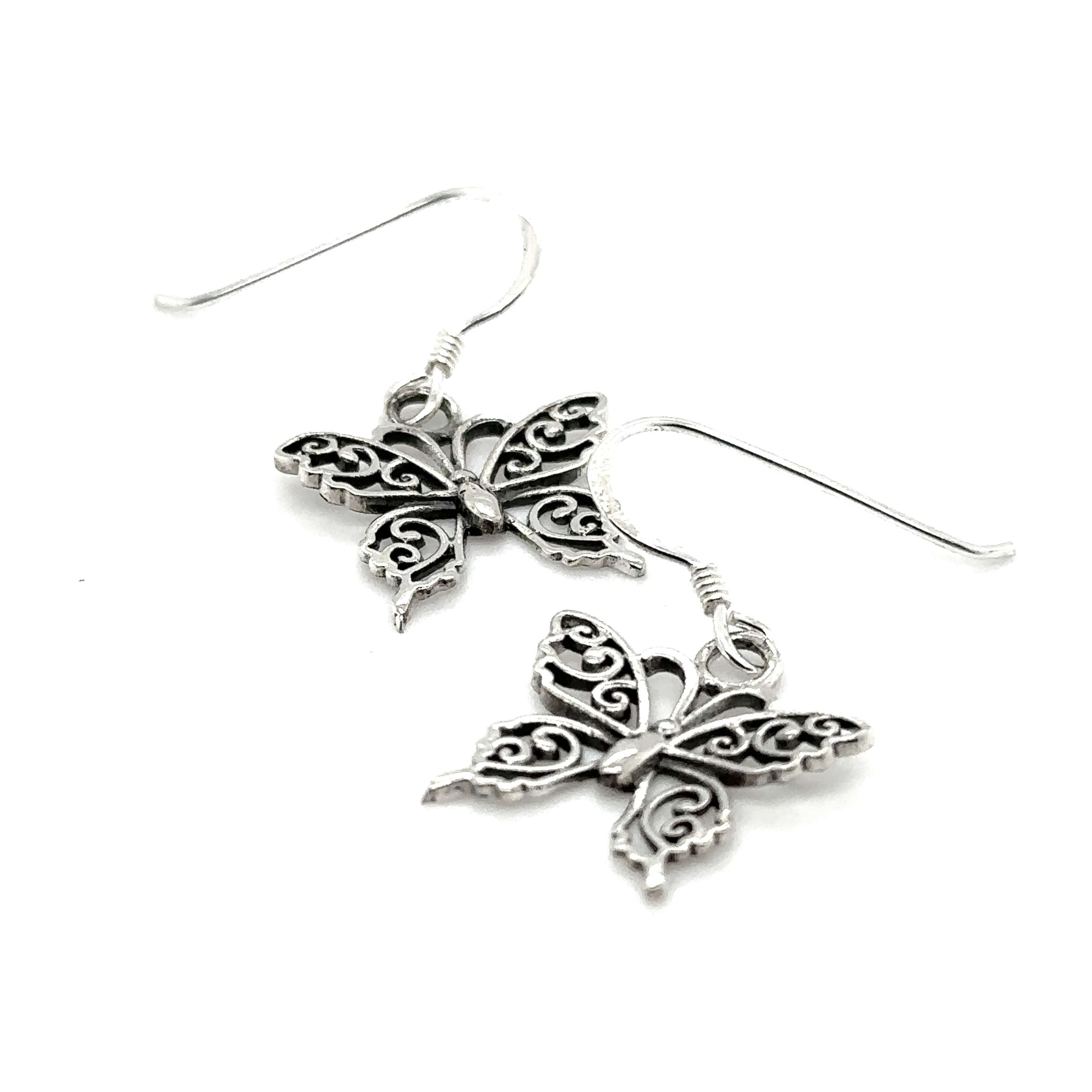 A pair of Super Silver Small Filigree Butterfly Earrings with a filigree design on a white background.