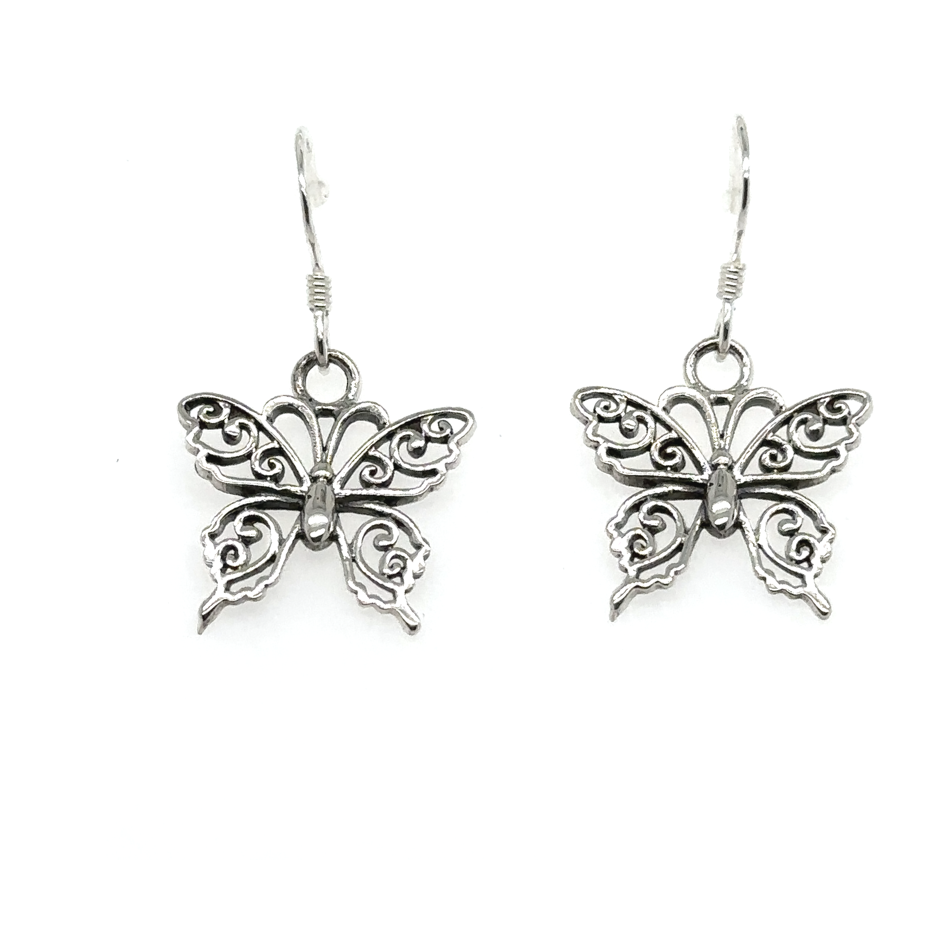 A pair of Super Silver Small Filigree Butterfly Earrings, showcasing a delicate filigree design, displayed against a clean white background.