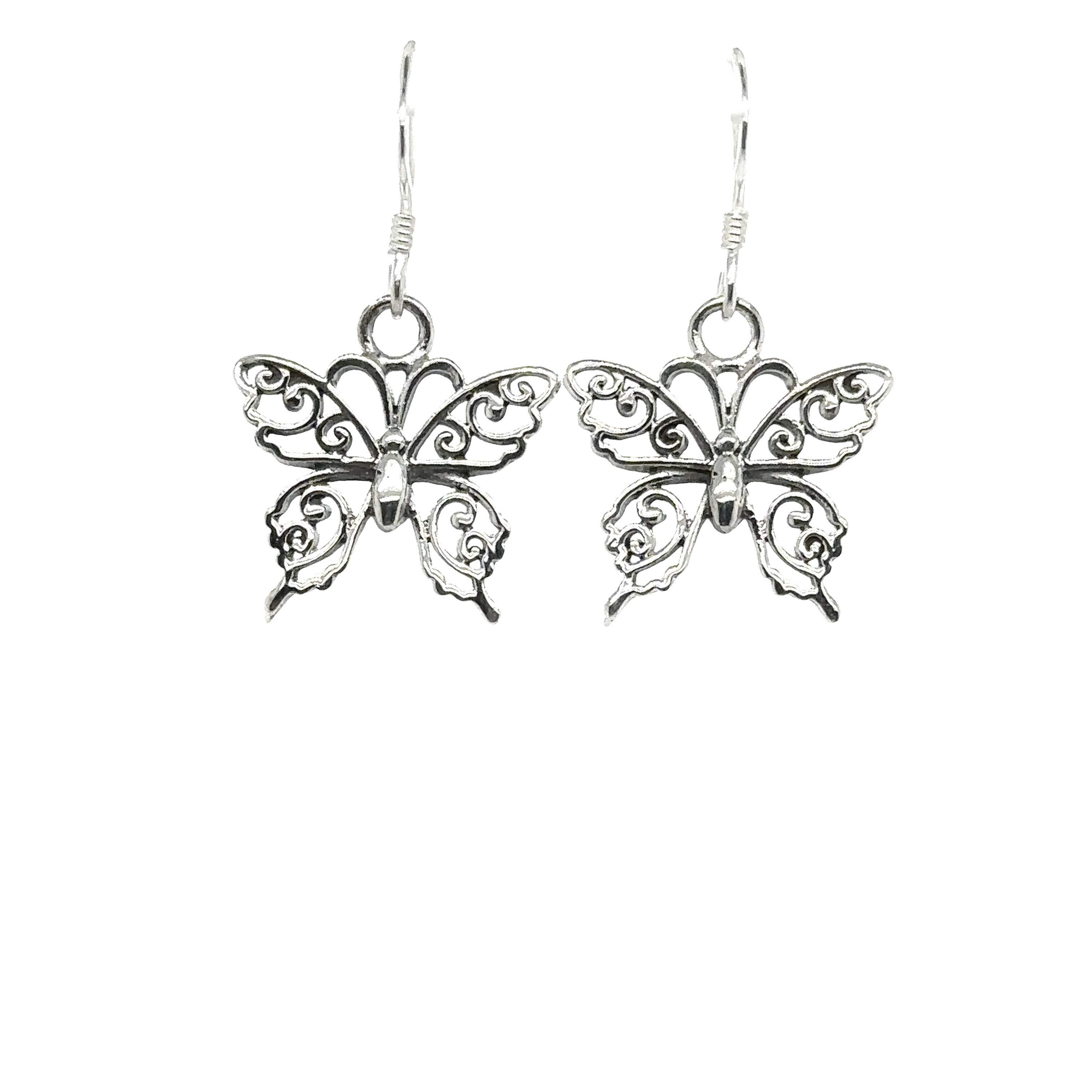 These stunning Super Silver Small Filigree Butterfly Earrings feature a delicate filigree design, crafted with exquisite detail in .925 silver. The elegant silver butterflies stand out beautifully against the clean white background.