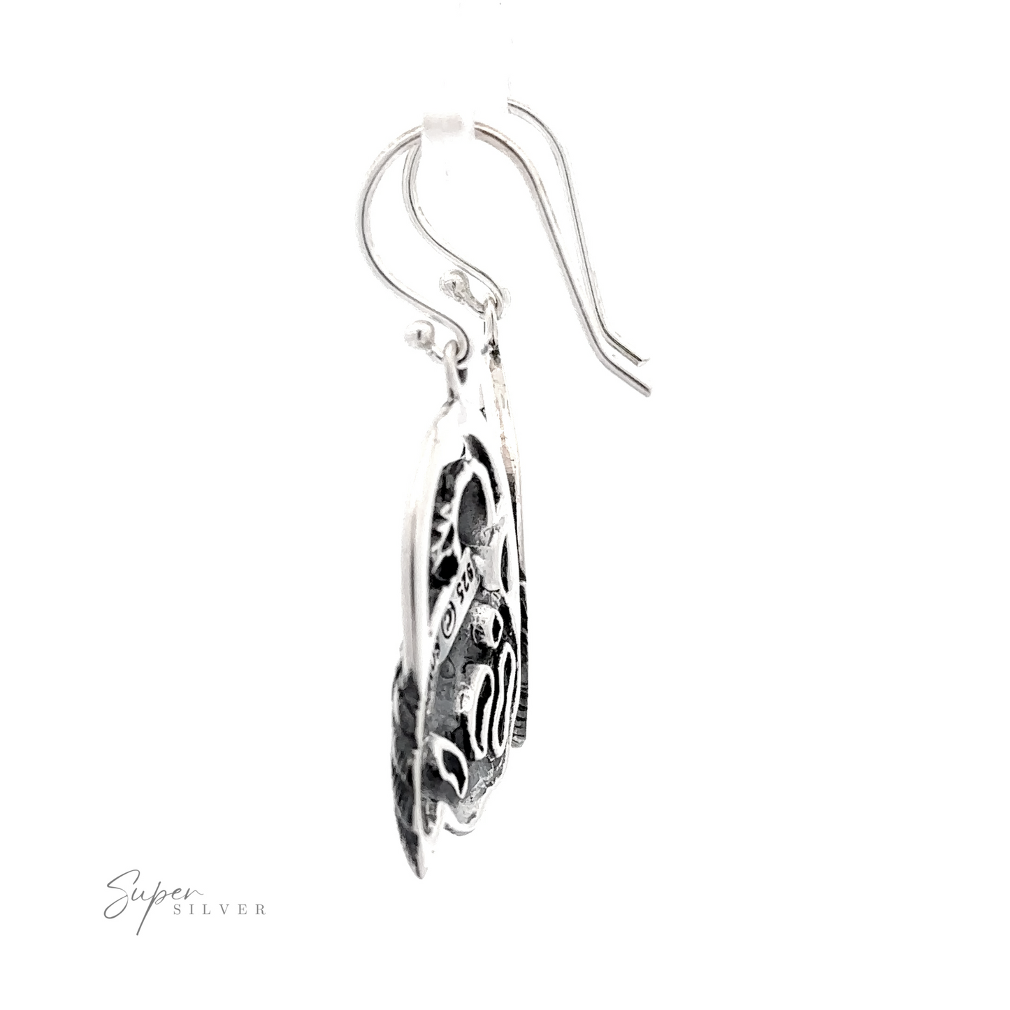 
                  
                    Detailed Raven Earrings with delicate patterns hanging from a hook, isolated on a white background.
                  
                