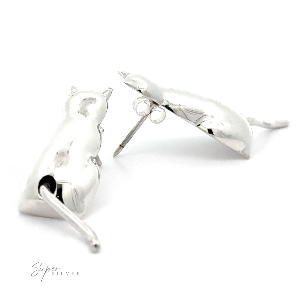 Silver Cat Earrings with butterfly clasps, isolated on a white background.