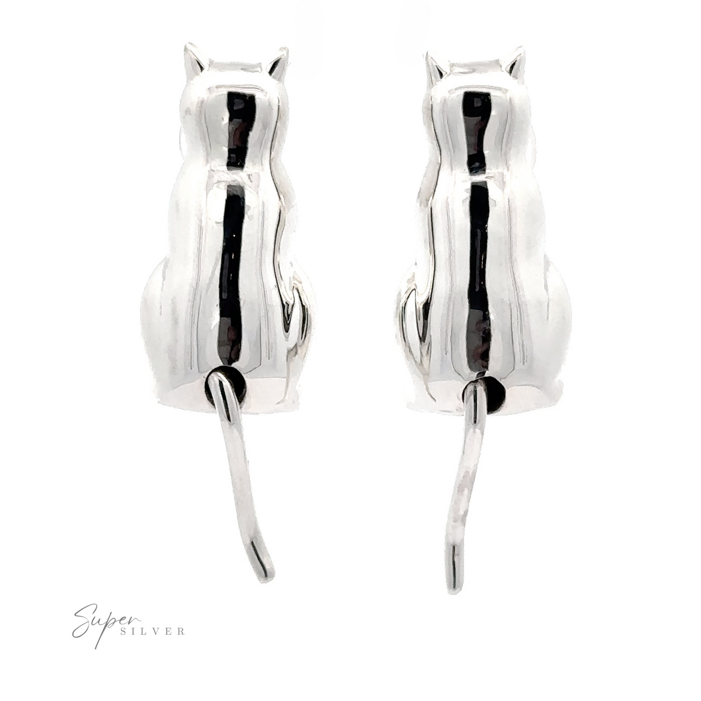 
                  
                    A pair of Silver Cat Earrings with a reflective surface and hook fastenings, displayed on a white background.
                  
                