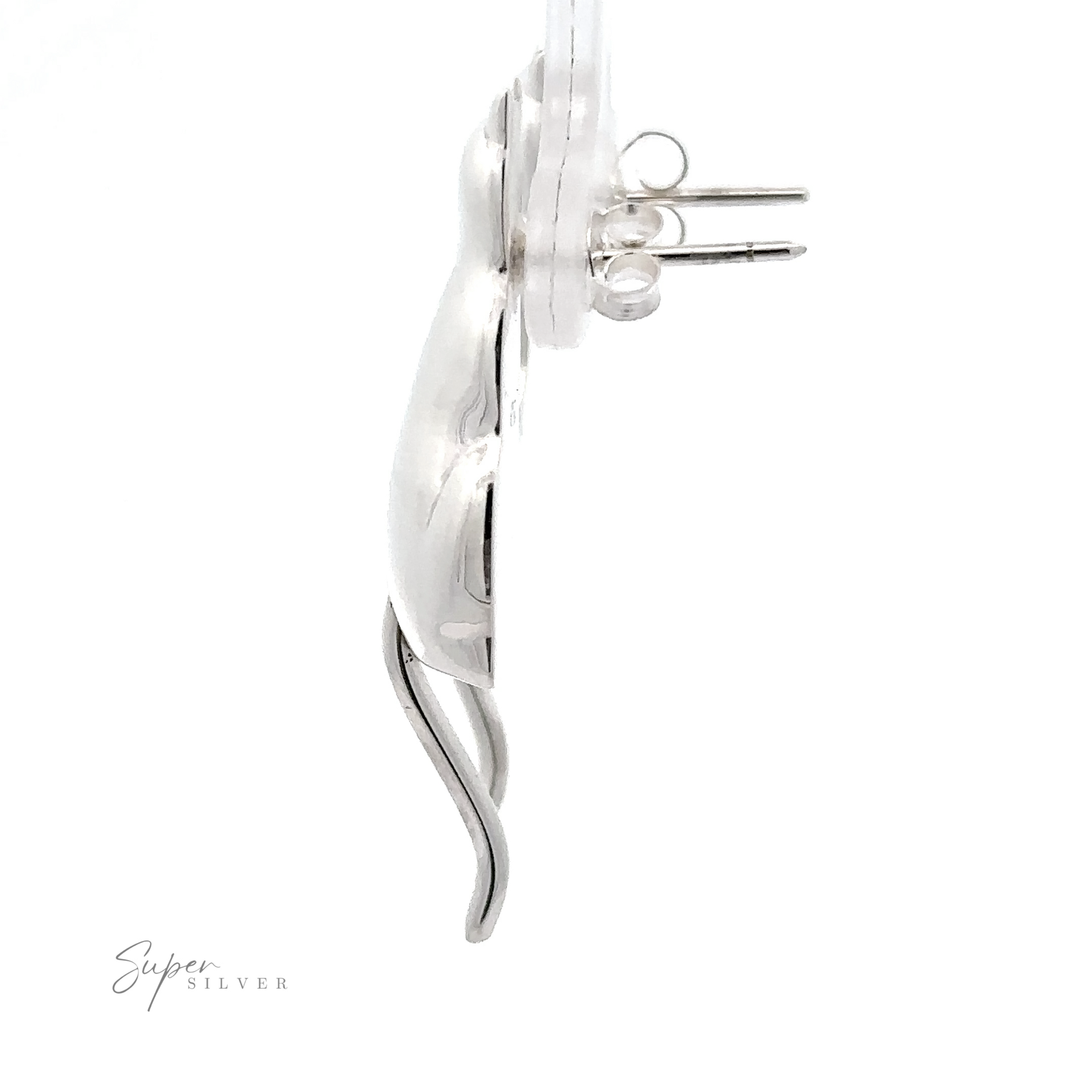 A close-up image of intricate Silver Cat Earrings with a wavy design and pin, set against a white background with a "super silver" signature.