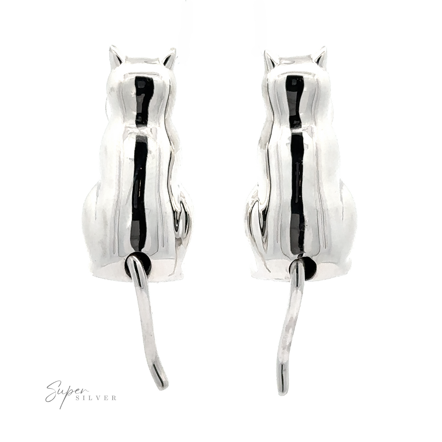Pair of Silver Cat Earrings with a polished finish, viewed from the back, displayed on a white background.