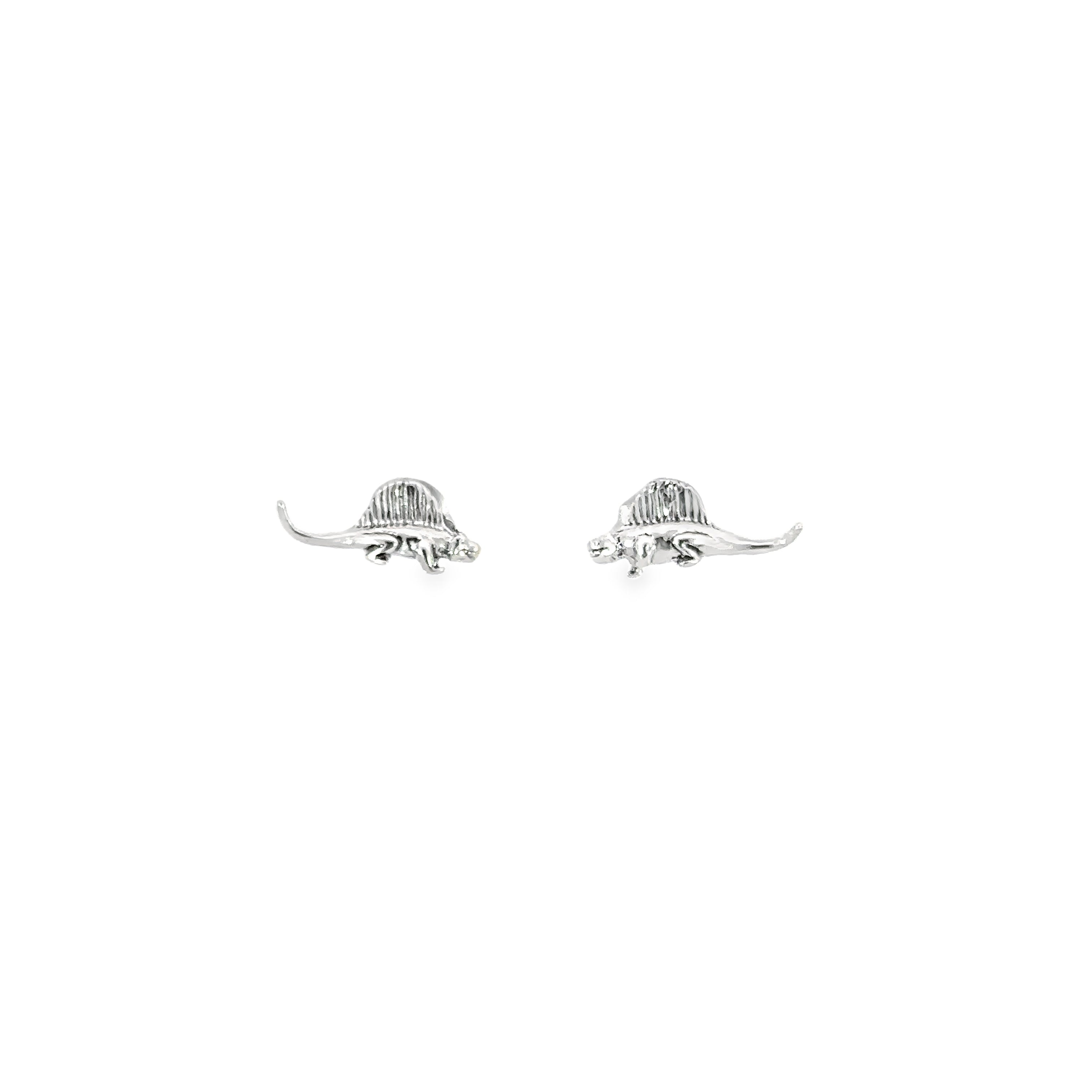 A pair of Dimetrodon Studs on a white background, perfect for dinosaur lovers and prehistoric accessory enthusiasts.