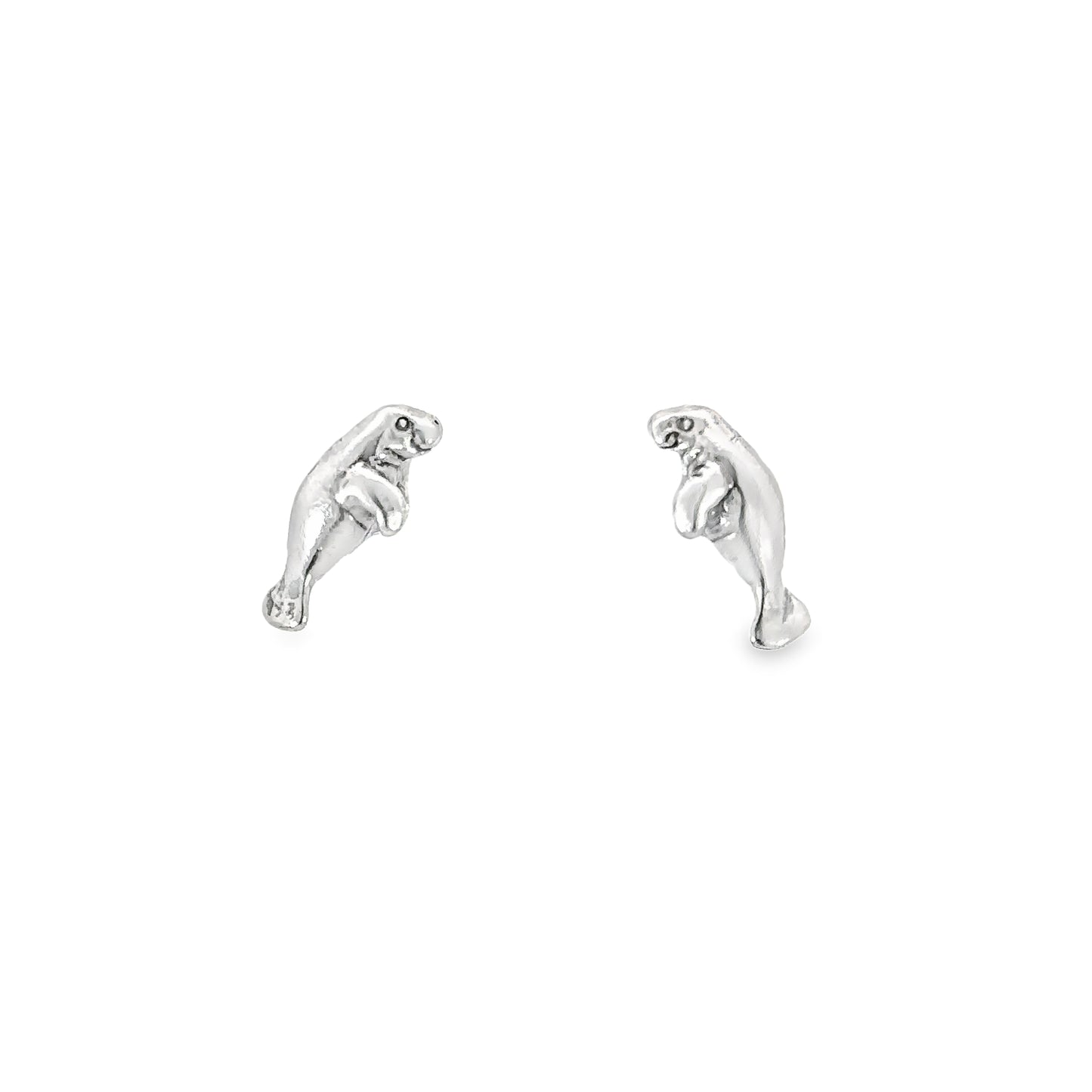 A pair of unique silver Manatee Studs on a white background.