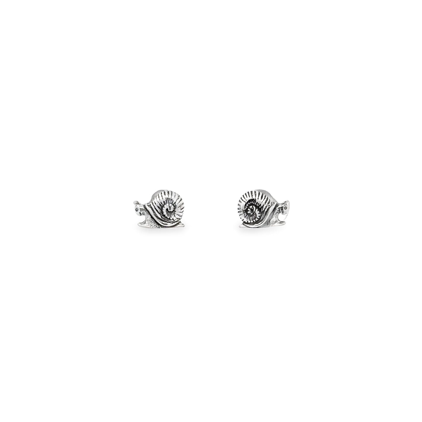 
                  
                    A pair of sterling silver Snail Studs with whimsical snail studs on a white background.
                  
                