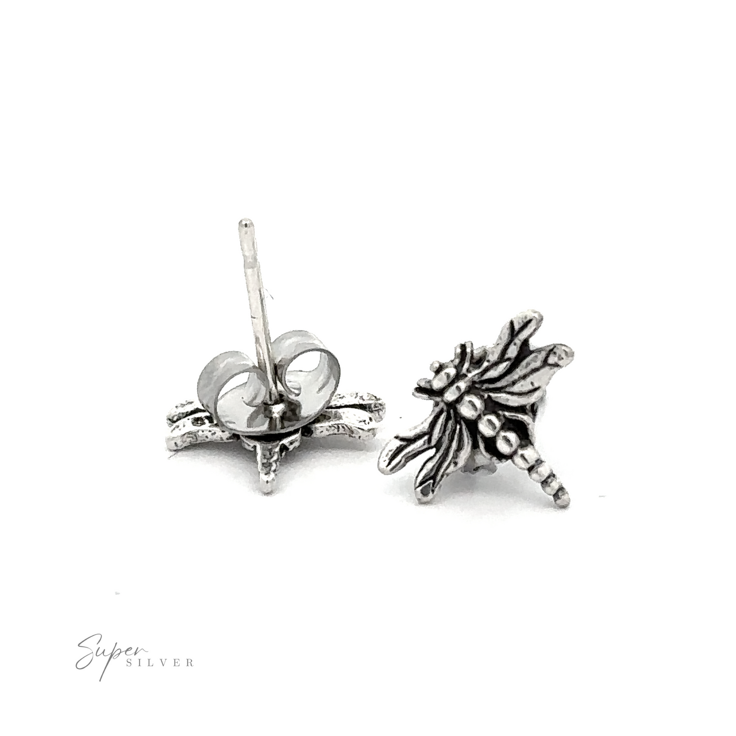 These silver Dragonfly Studs feature intricate wing designs and a detailed body.