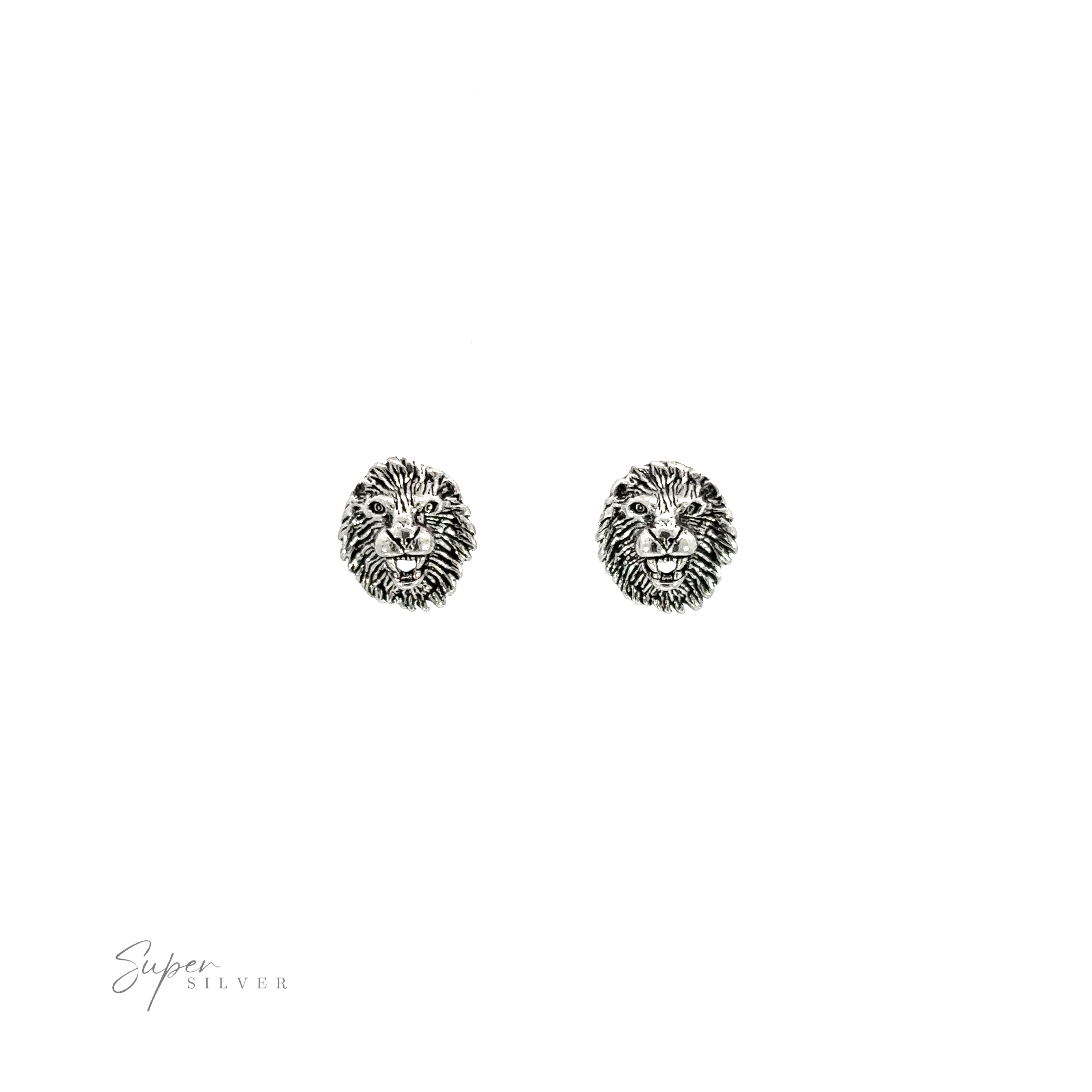 A pair of Lion Head Studs made of .925 Sterling Silver on a white background.