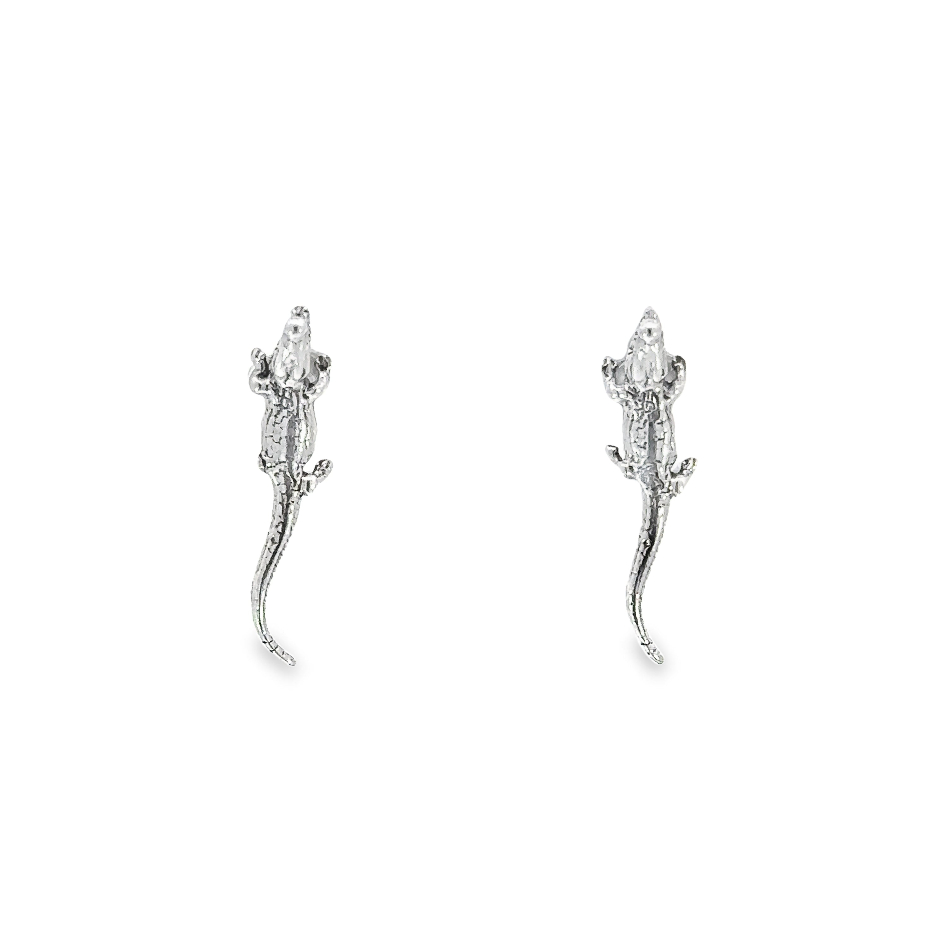 A pair of Crocodile Studs made from .925 Sterling Silver on a white background.