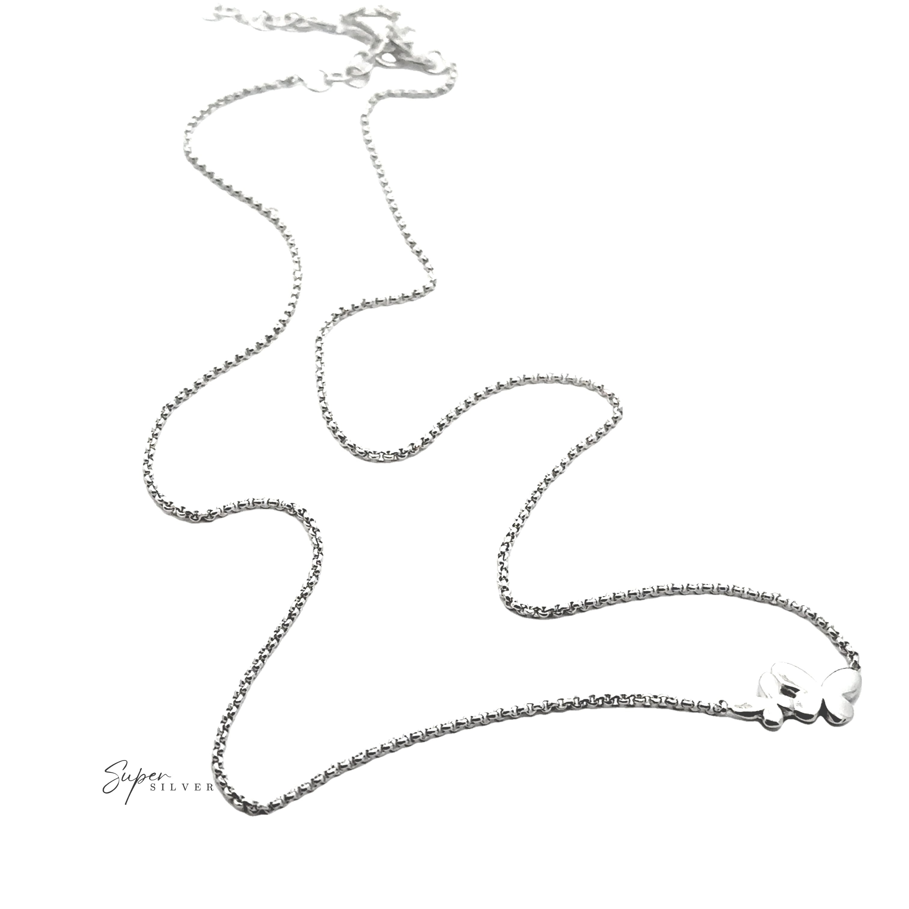 The Dainty Double Butterfly Necklace is an Italian .925 Sterling Silver piece featuring a butterfly-shaped pendant, elegantly displayed on a white background.