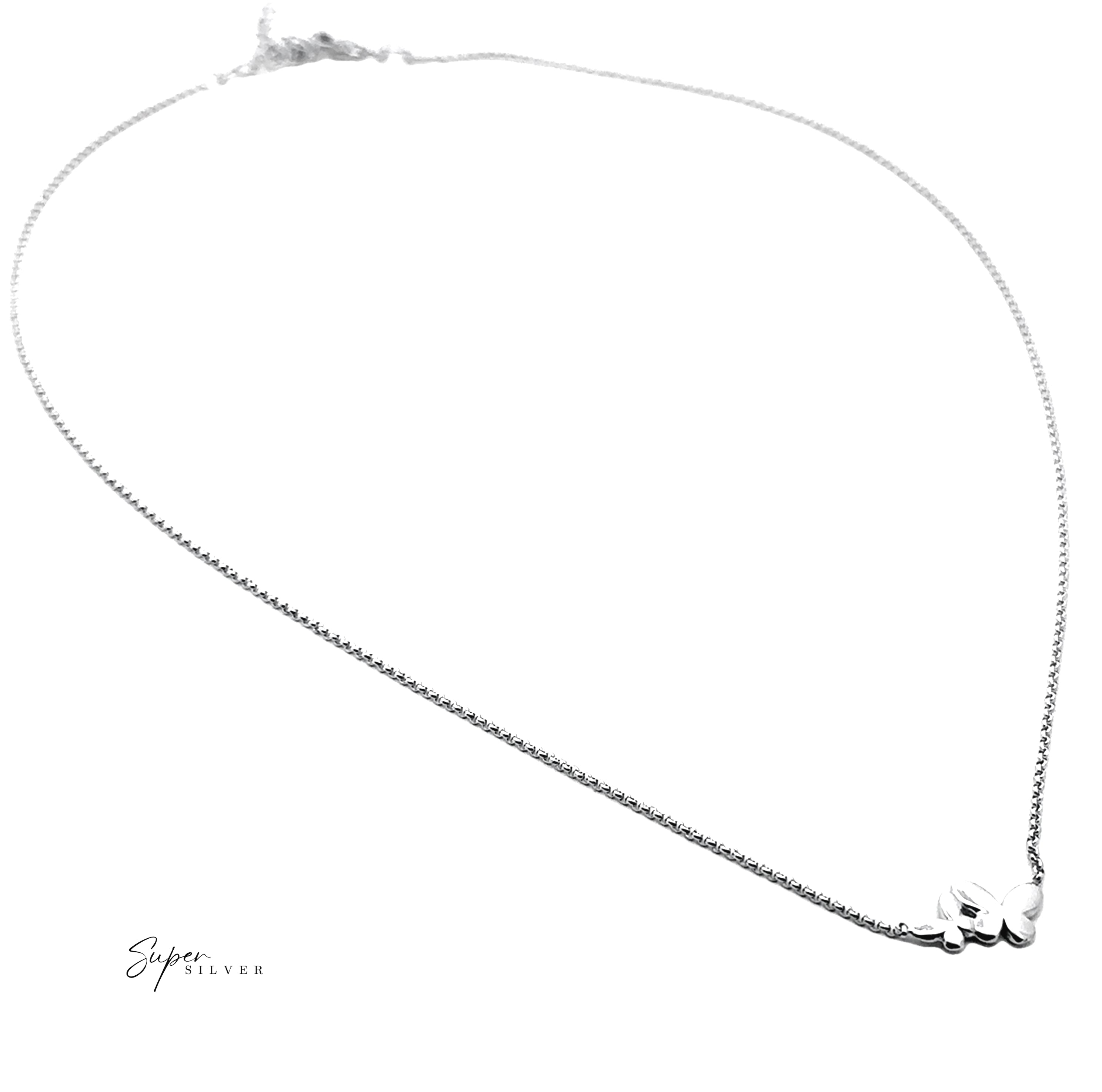 Delicate .925 Sterling Silver chain necklace featuring a dainty double butterfly pendant, beautifully displayed on a white background. This Italian silver necklace adds an elegant touch to any look.