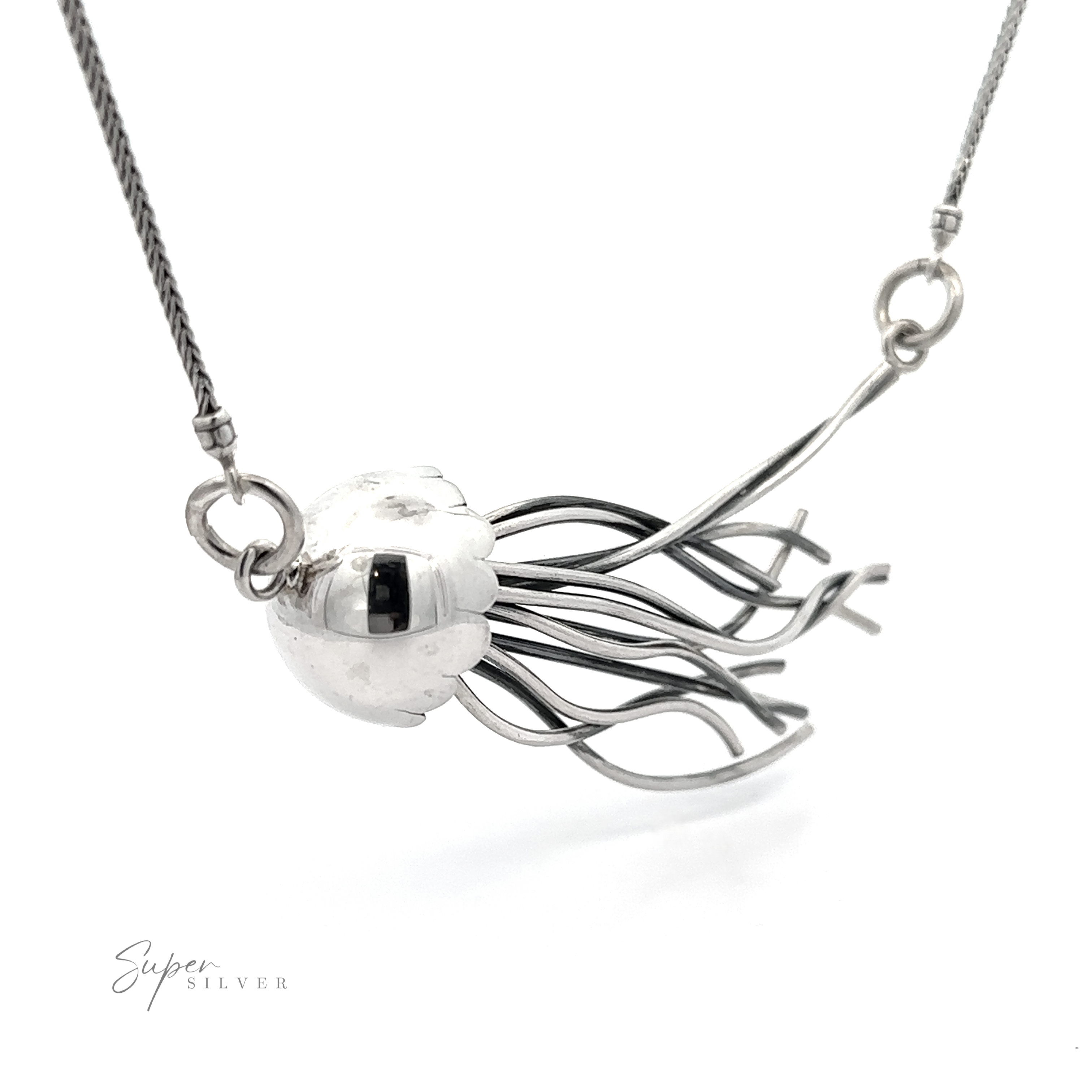 Jellyfish necklace featuring a spherical pendant encased in an abstract, branch-like sterling silver design, displayed against a white background with a signature "super silver.