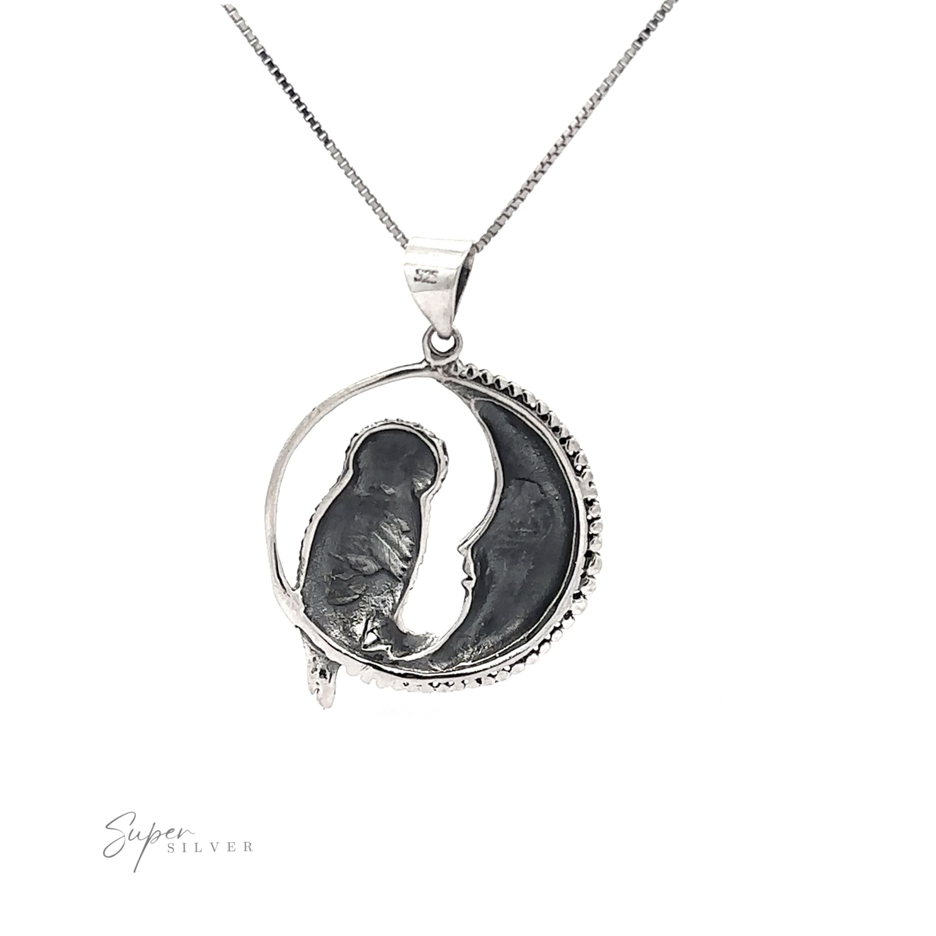Owl and Moon Pendant necklace featuring a moon and a silhouetted owl perched within a circular frame, displayed against a white background.