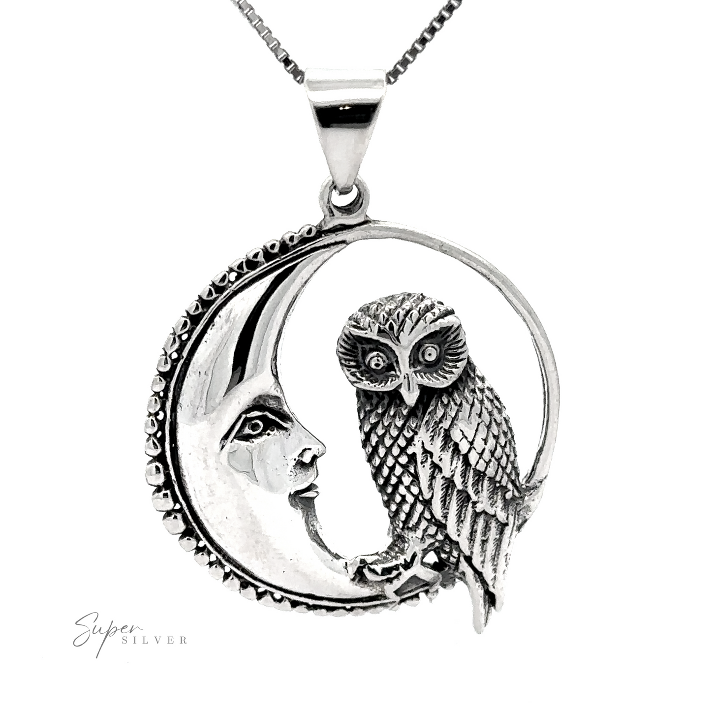 Owl and Moon Pendant featuring a crescent moon with a human face and an owl perched on the edge, suspended from a chain.