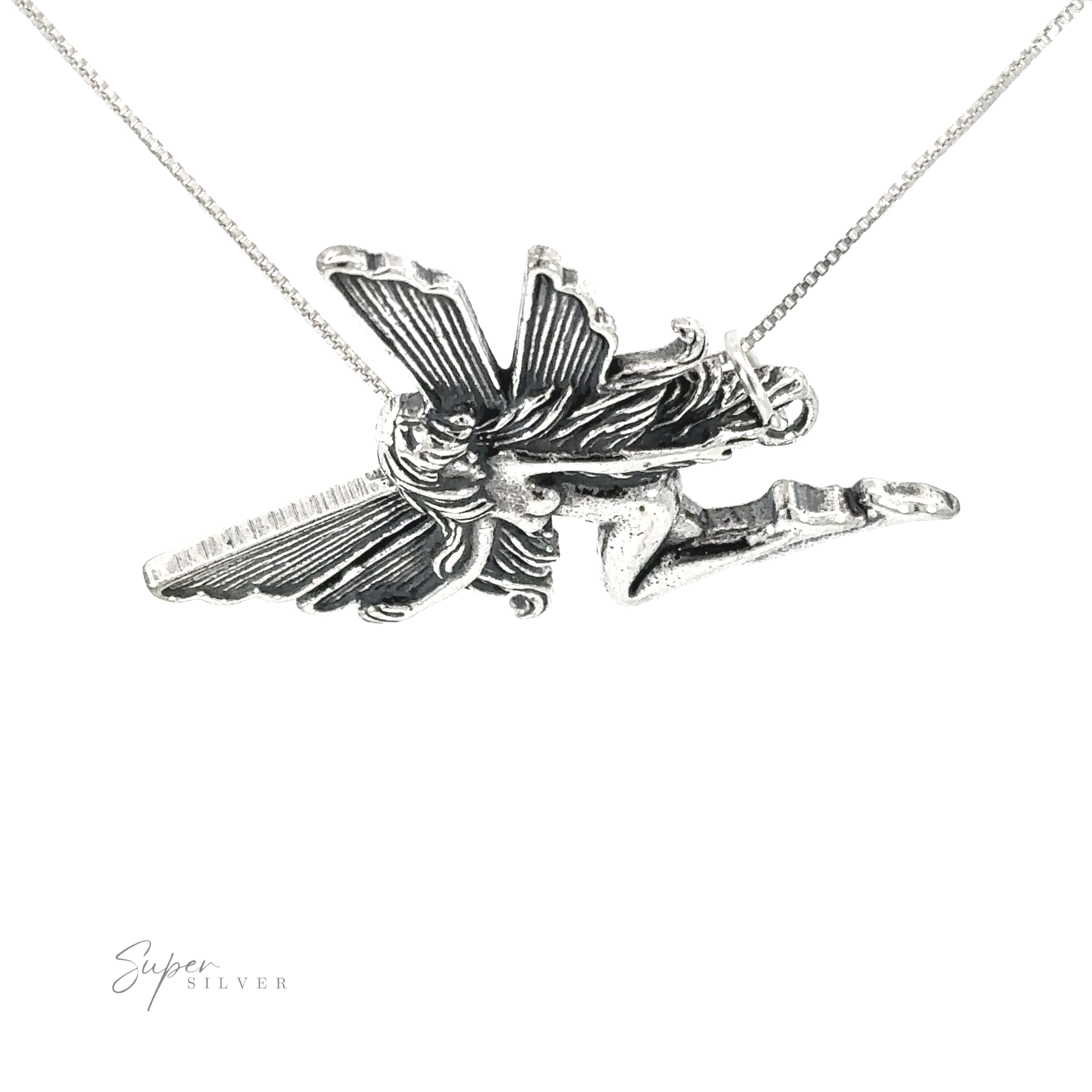 The Flying Fairy Pendant is a silver accessory shaped like an enchanting fairy with intricately detailed wings and flowing hair, elegantly suspended on a delicate chain. The "Super Silver" logo is visible at the bottom left corner. Crafted from Sterling Silver, this piece can also be customized for a personal touch.