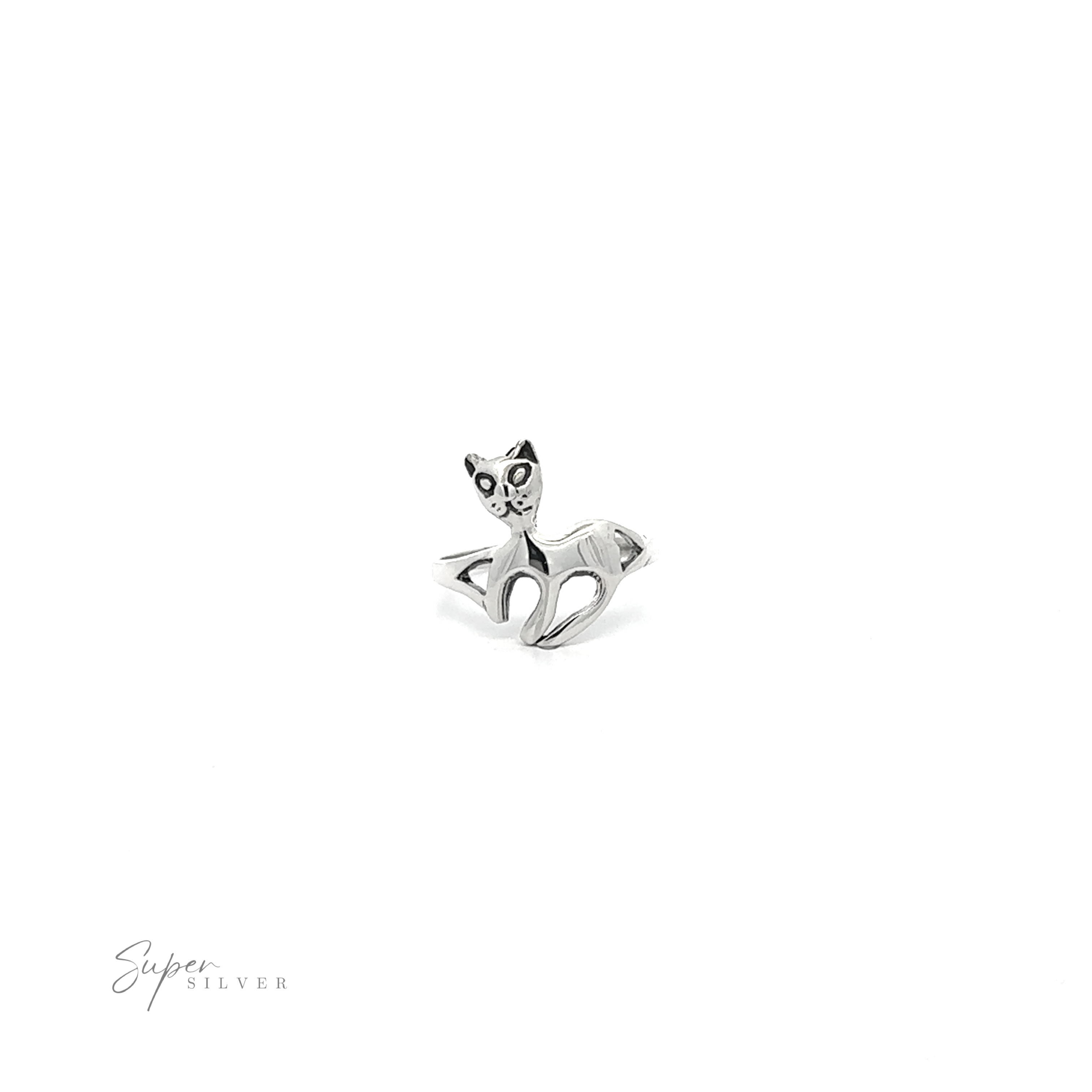An adorable, Silver Cat Ring on a white background.