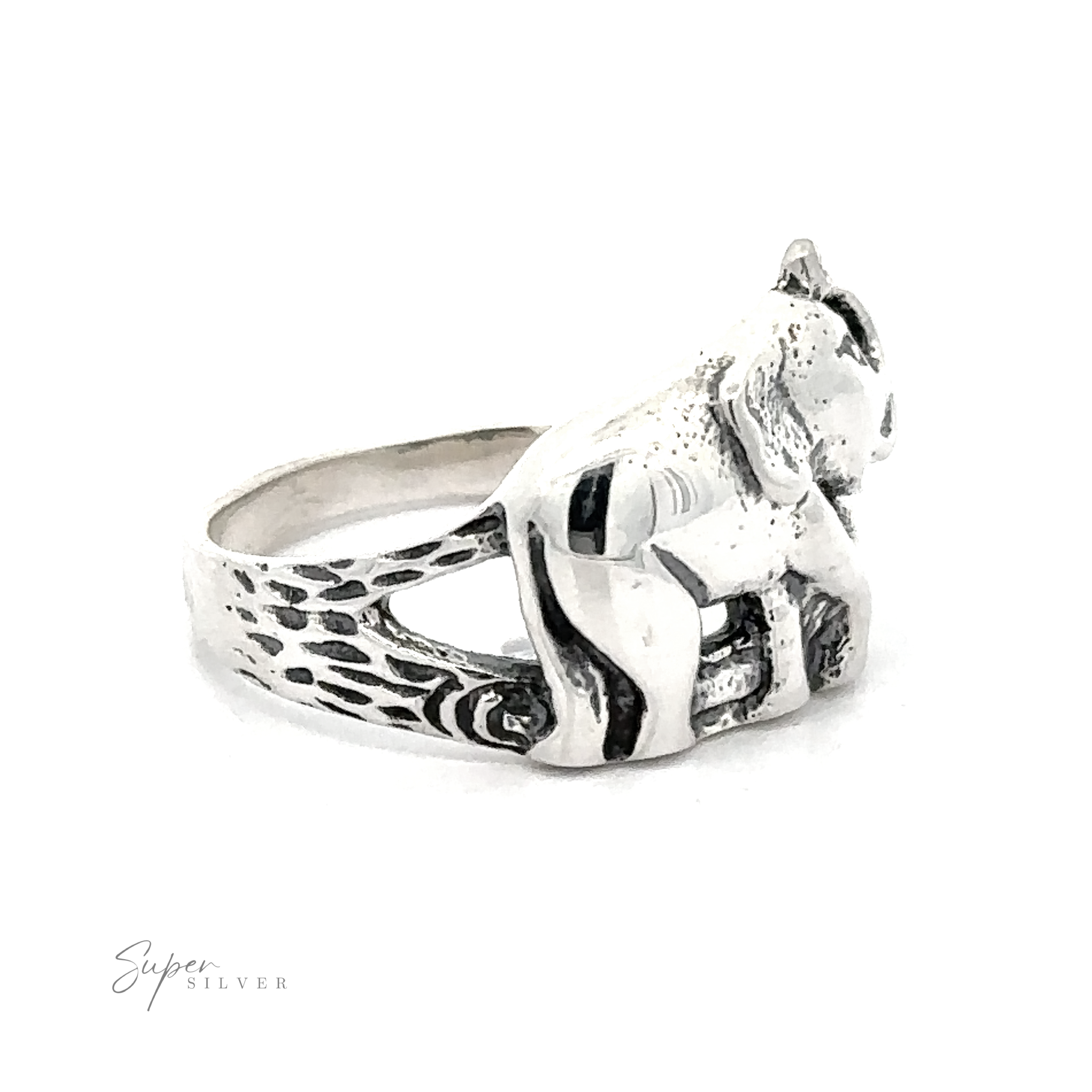 Elephant ring with textured antique look, considered a good luck ring, with decorative patterns on the .925 Sterling Silver band.