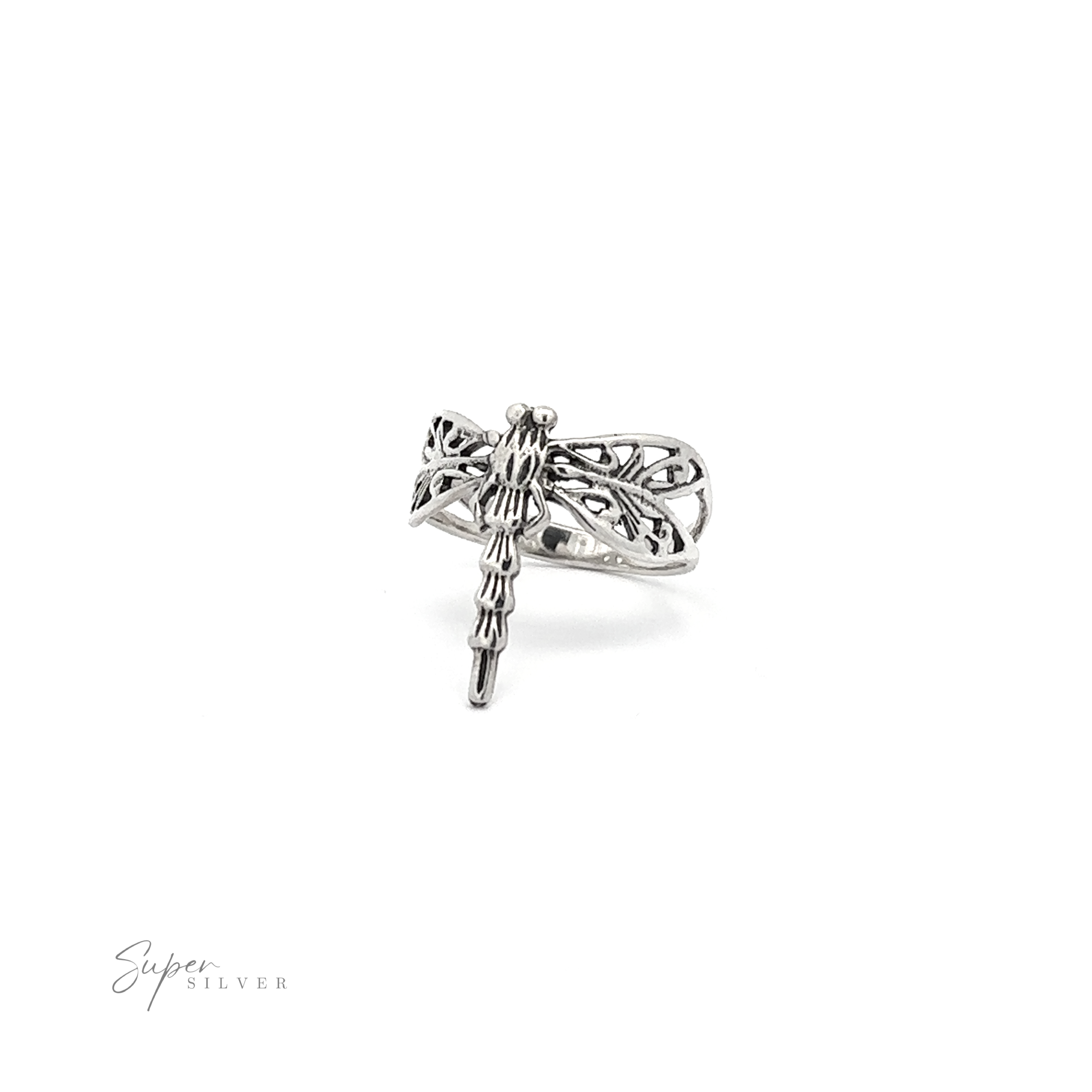 A sterling silver Dragonfly Ring on a white background.