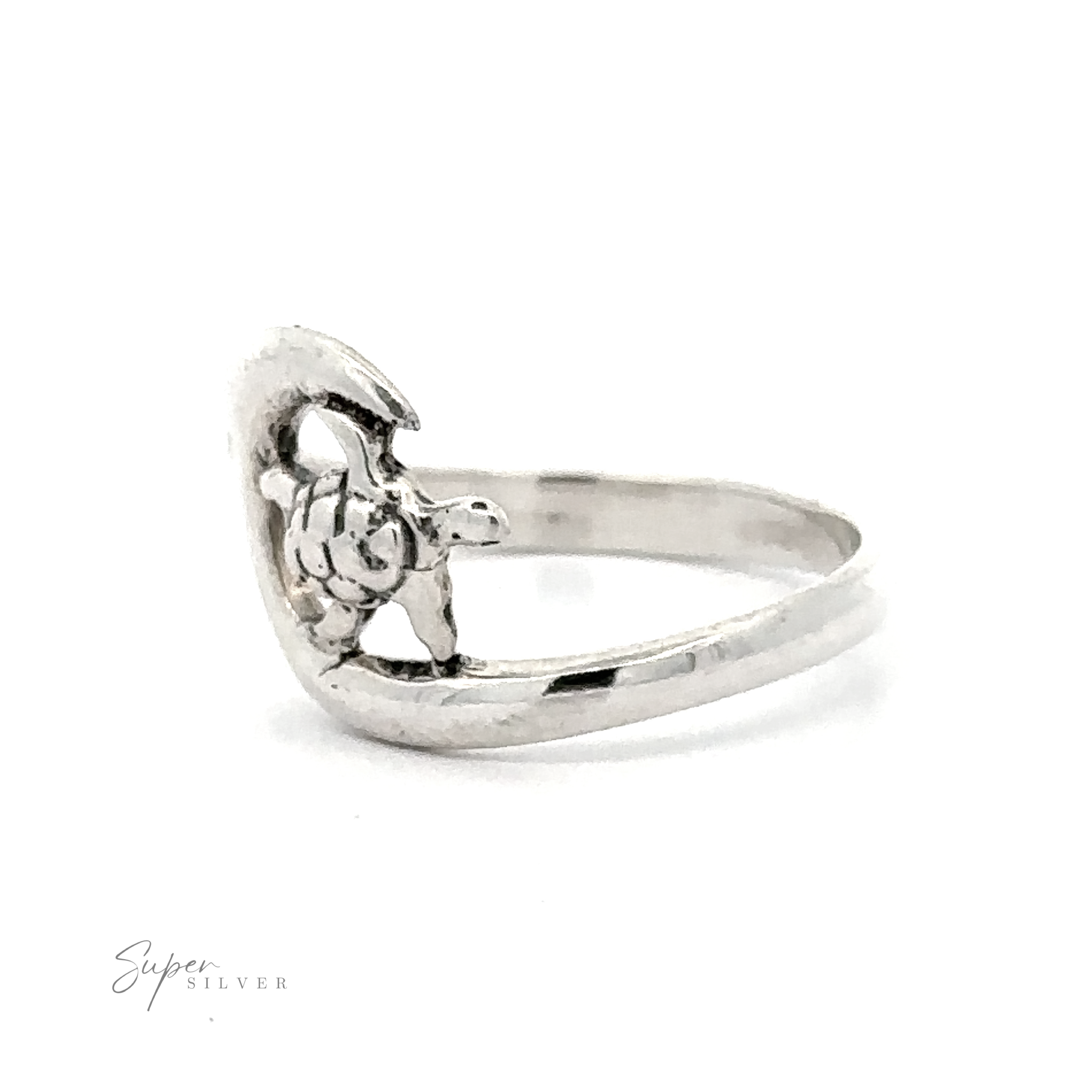 A Turtle And Ocean Wave Ring featuring a turtle surfing on an ocean wave design.