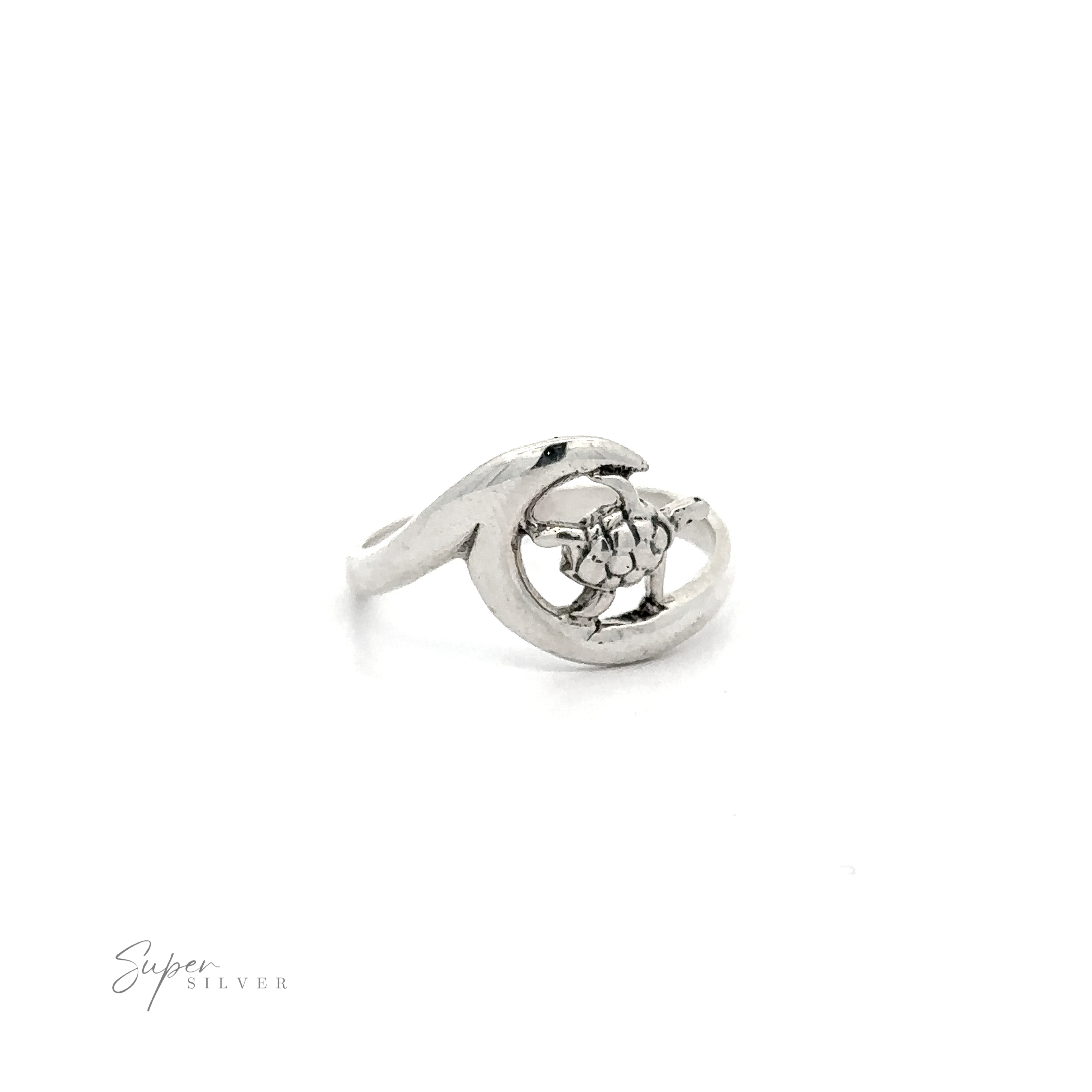 A Turtle And Ocean Wave Ring with a diamond in the middle, featuring an ocean wave design.