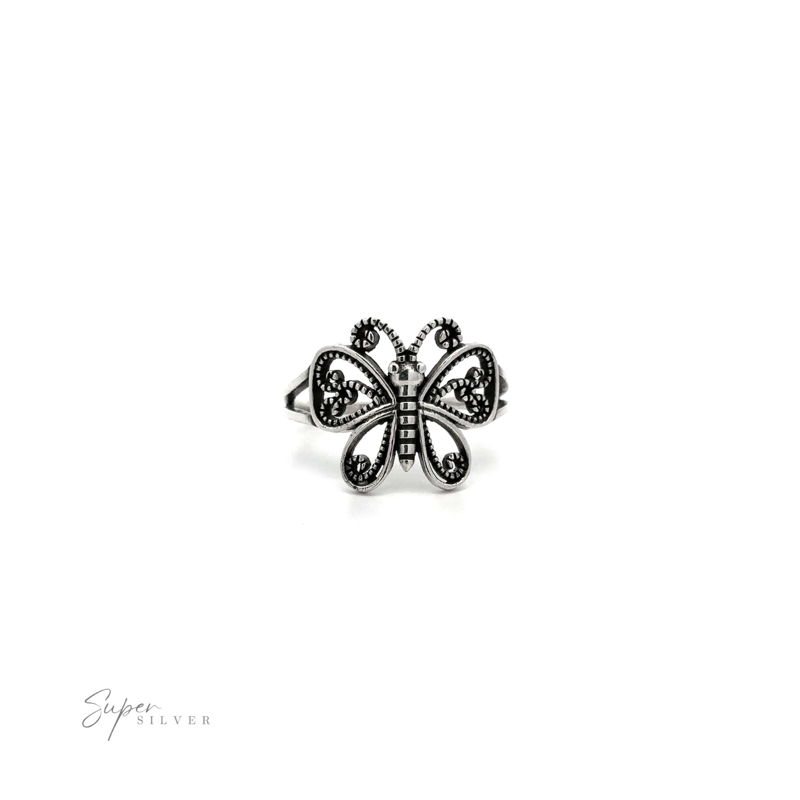 A Sterling Silver Butterfly Ring with Swirl Filigree Design.