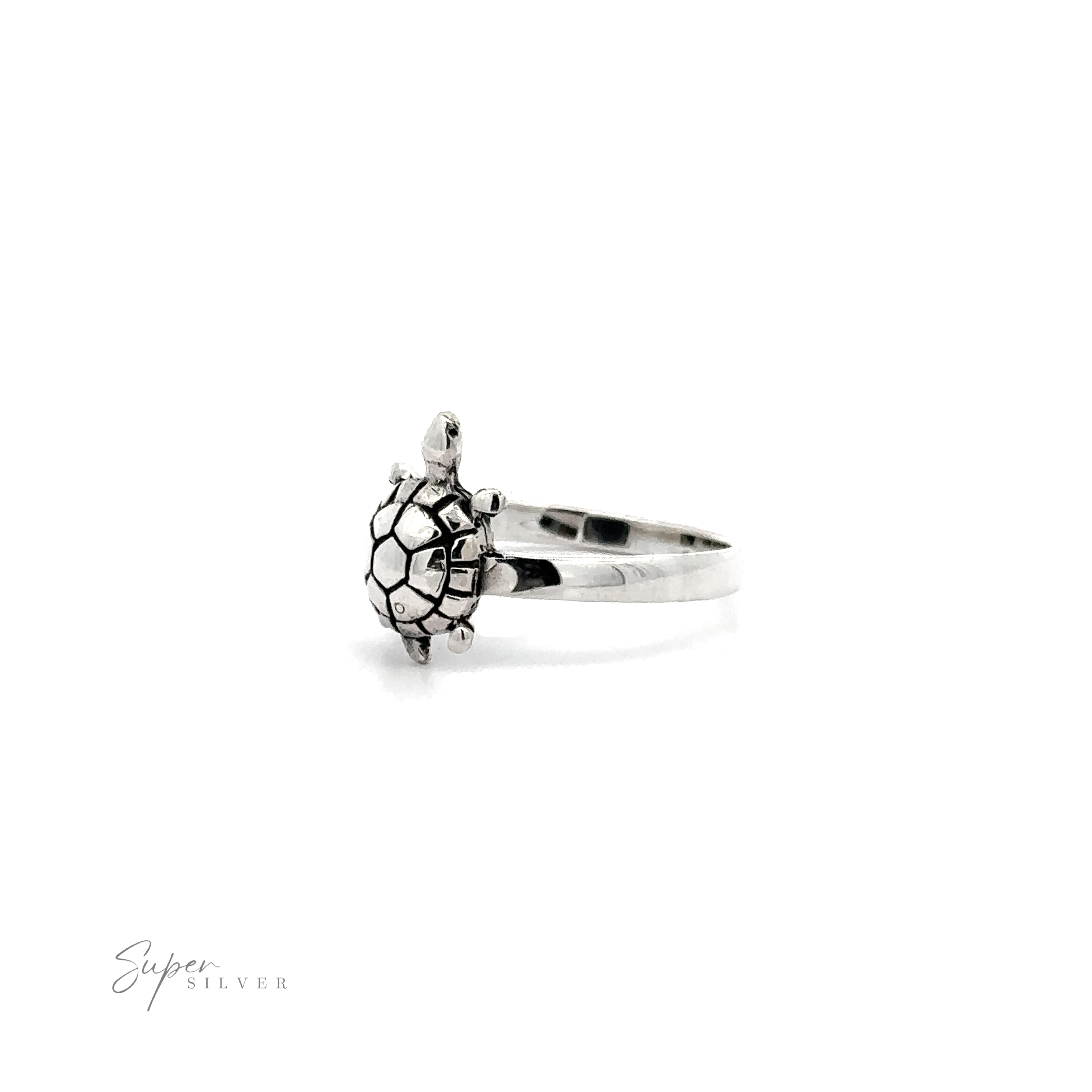 A Cute Turtle Ring with dimensions on a white background.
