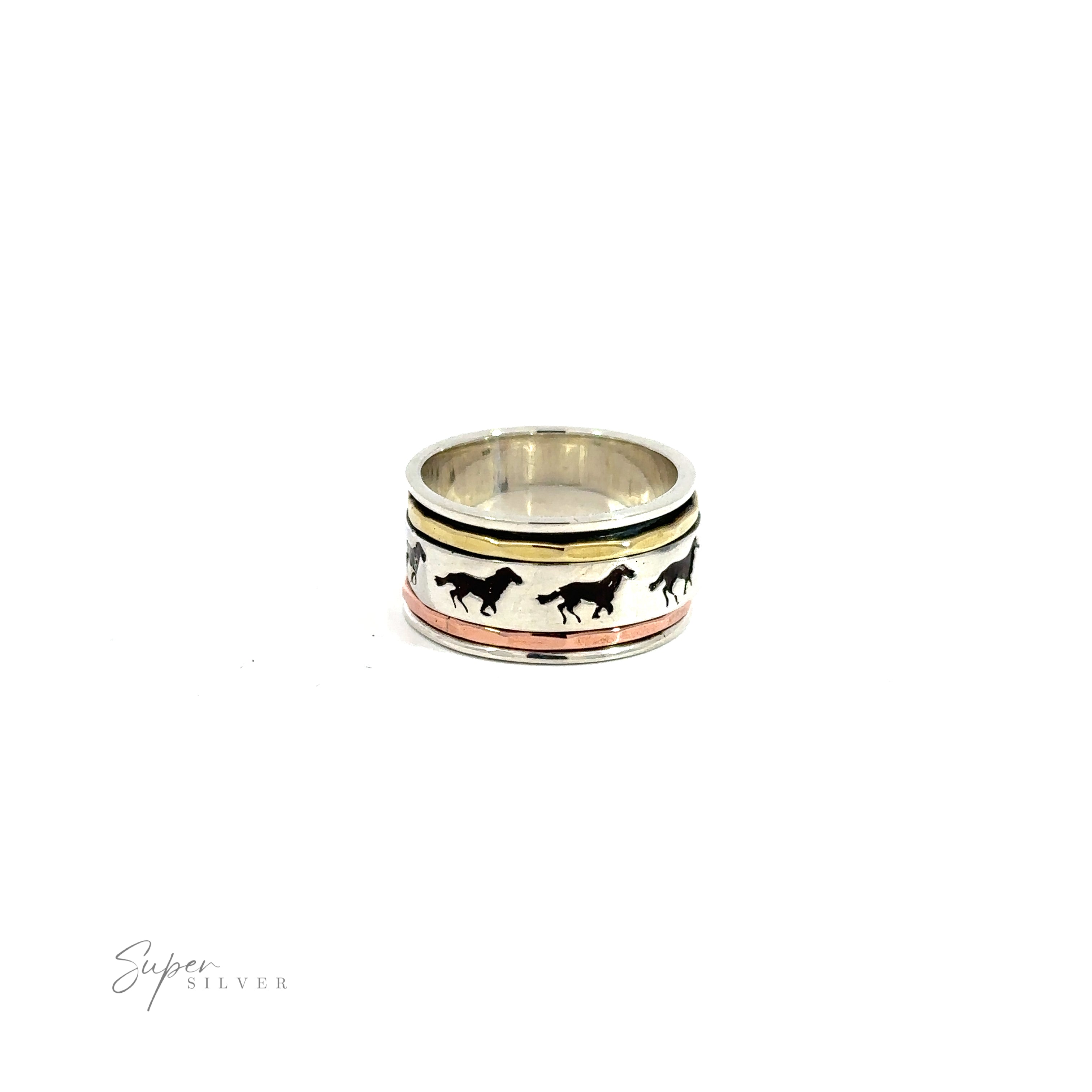 A Handmade Spinner Ring with Horse Etched into Band featuring an etched horse pattern.