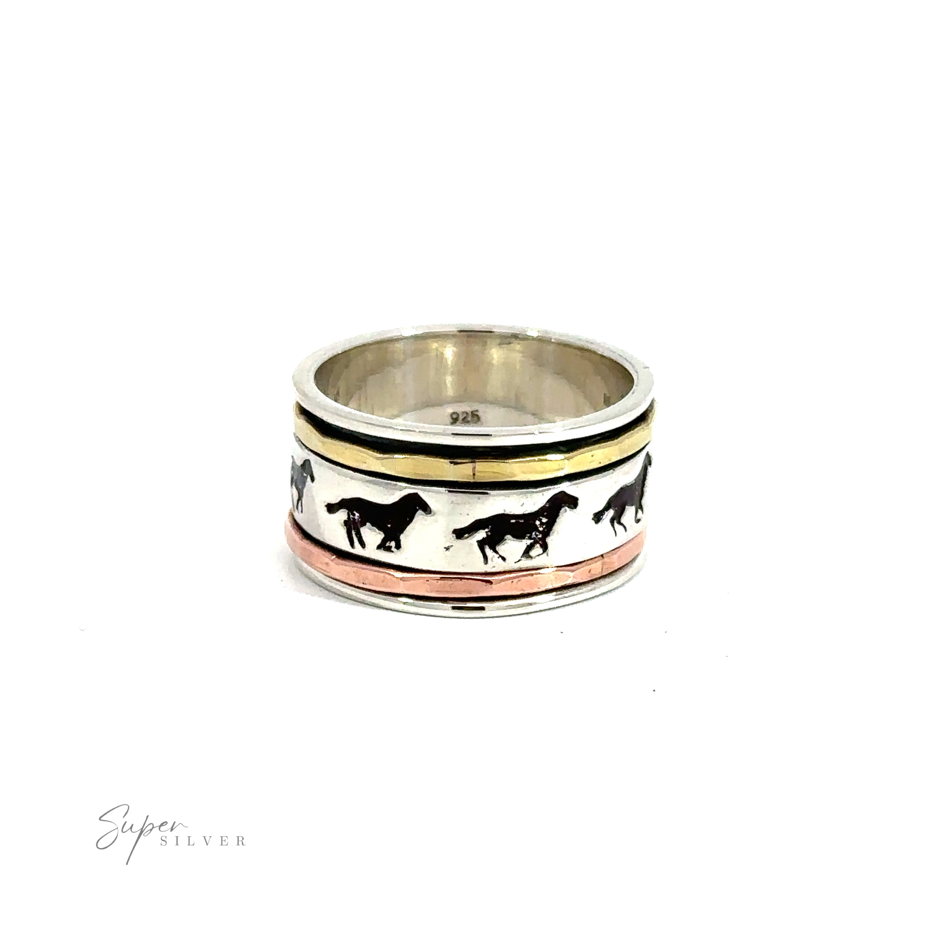 This Handmade Spinner Ring with Horse Etched into Band features an etched horse pattern, showcasing the exquisite craftsmanship. Created with high-quality materials, this ring showcases a stunning design of horses.