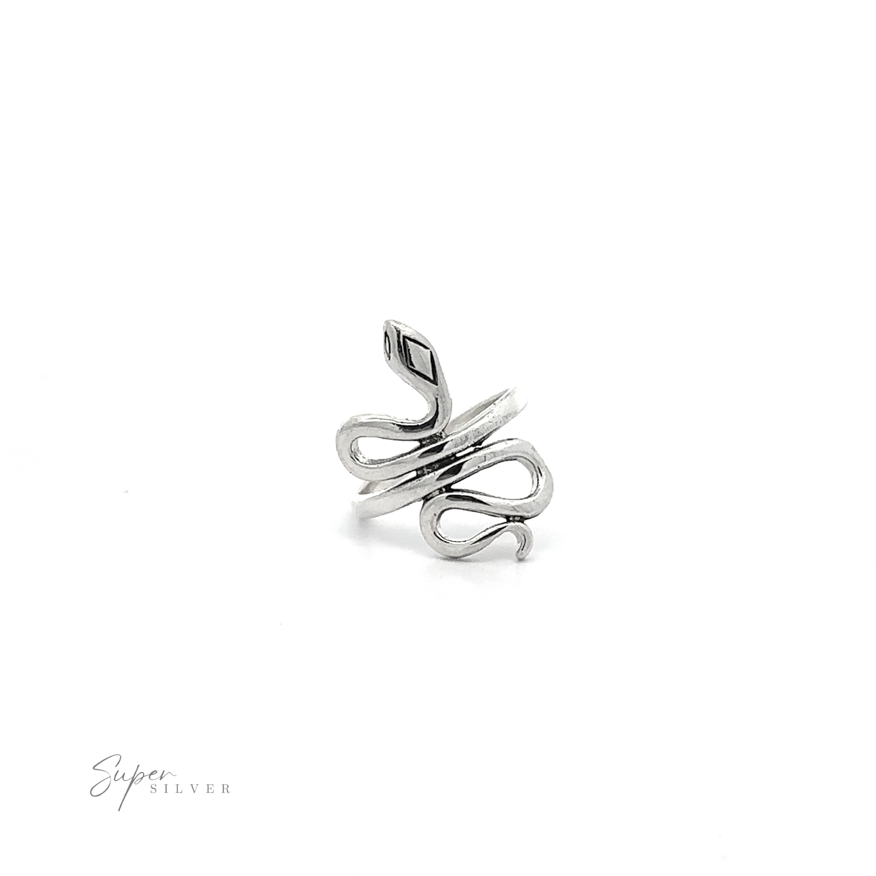 A Simple Slithering Snake Ring with an abstract, swirling design on a white background, labeled "super silver.