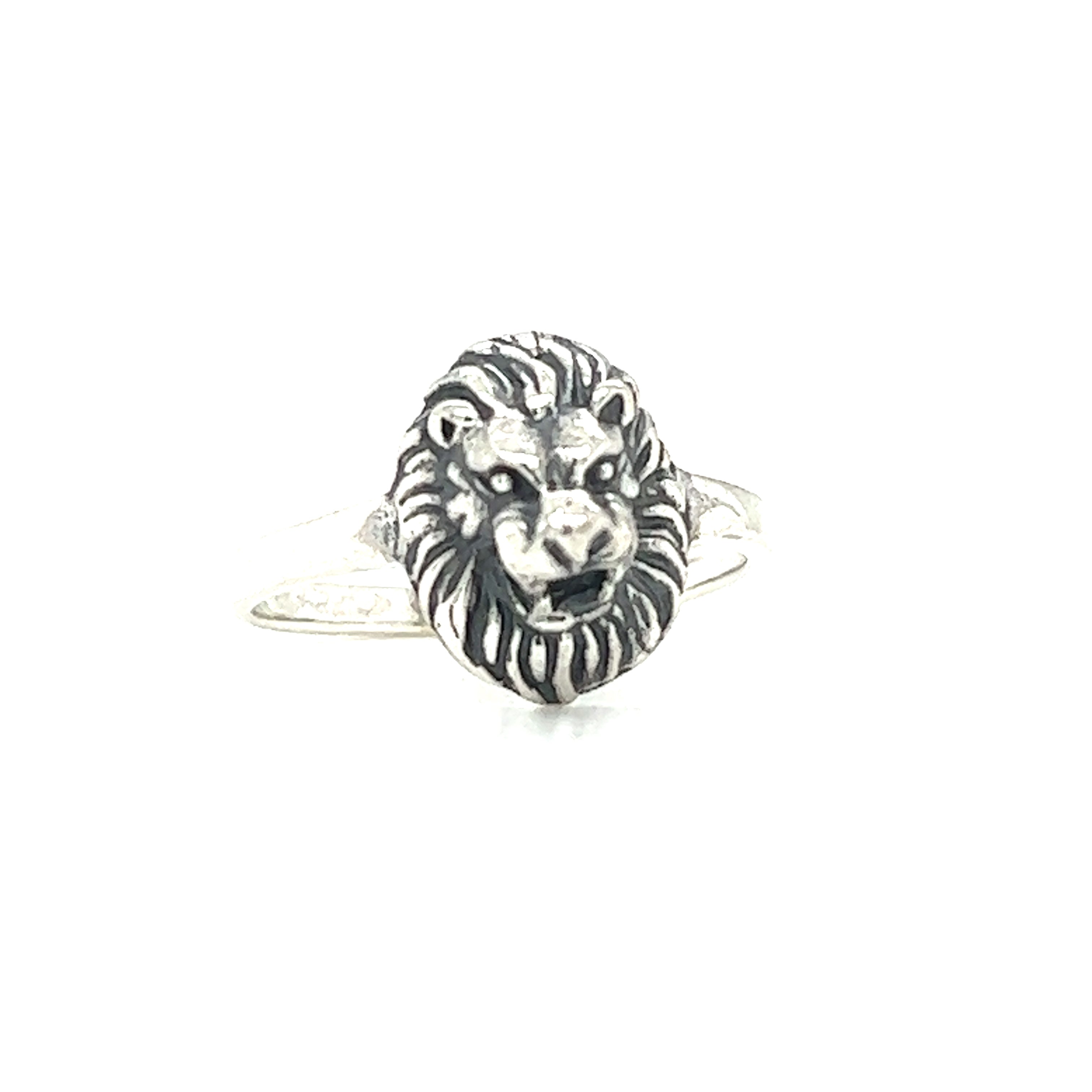 A Lion Face Ring in silver by Super Silver on a white background that exudes authority.