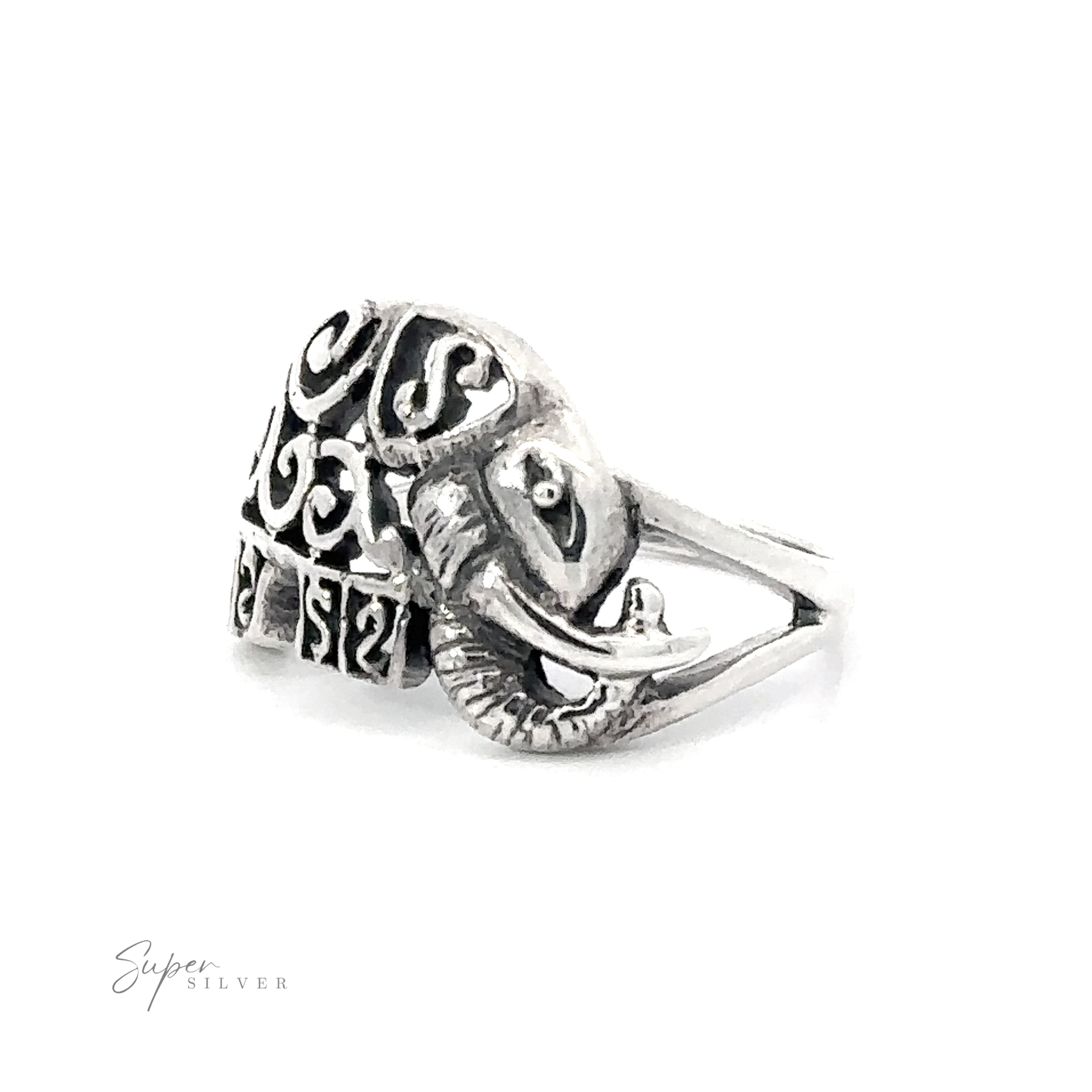 925 Sterling Silver Filigree Elephant Ring on a white background.