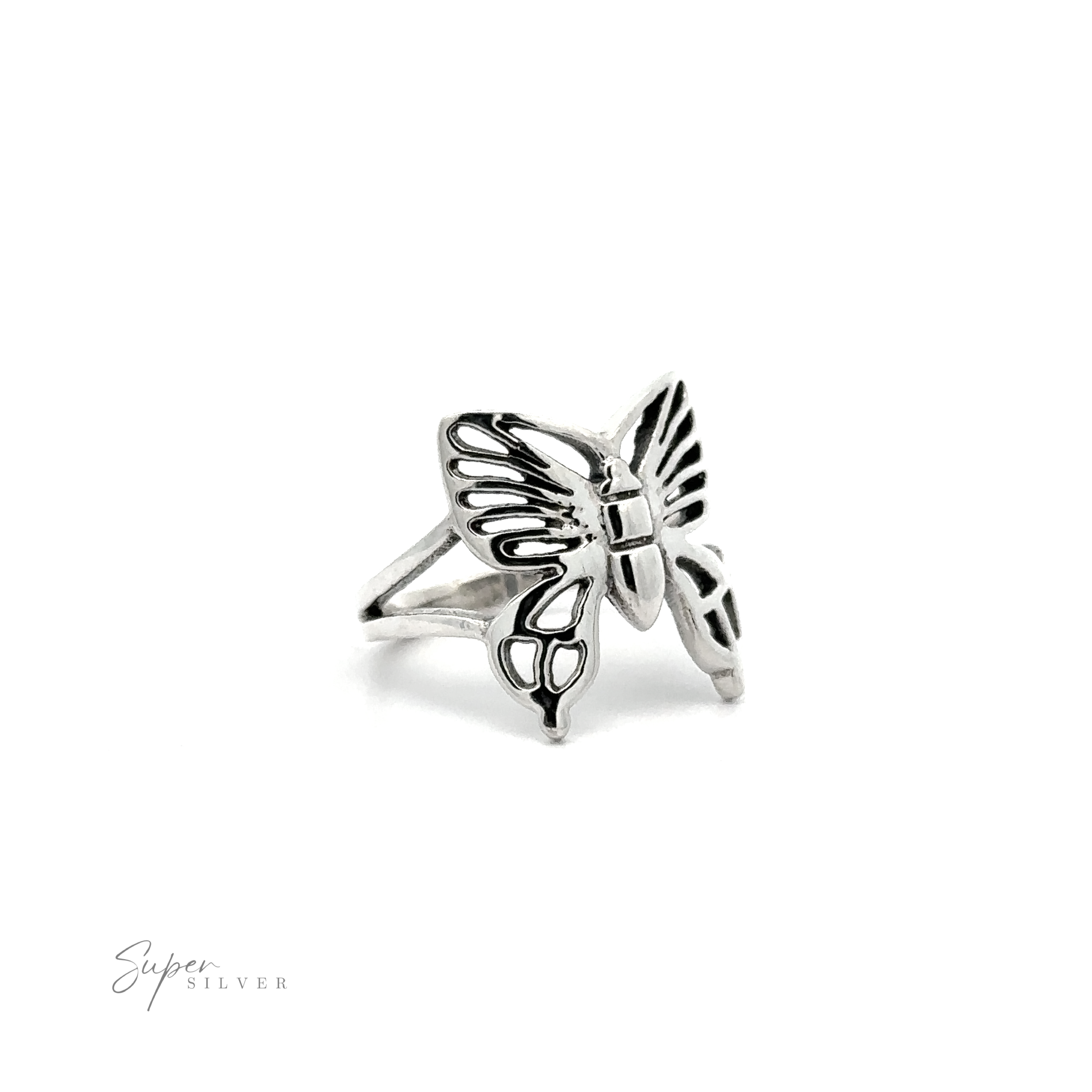 A Sterling Silver Butterfly Ring on a white background.
