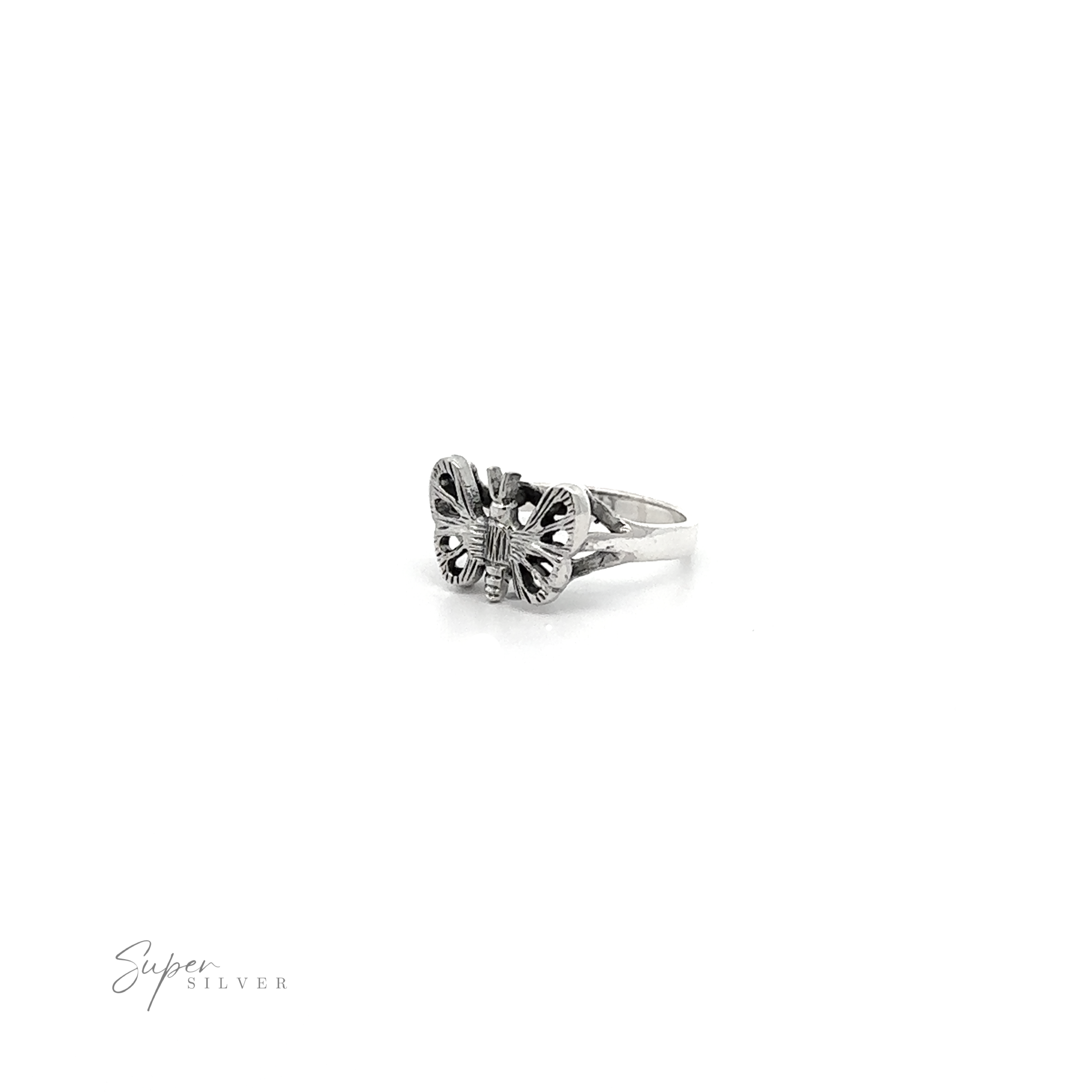 A Silver Butterfly Ring with a small flower on a thick band.